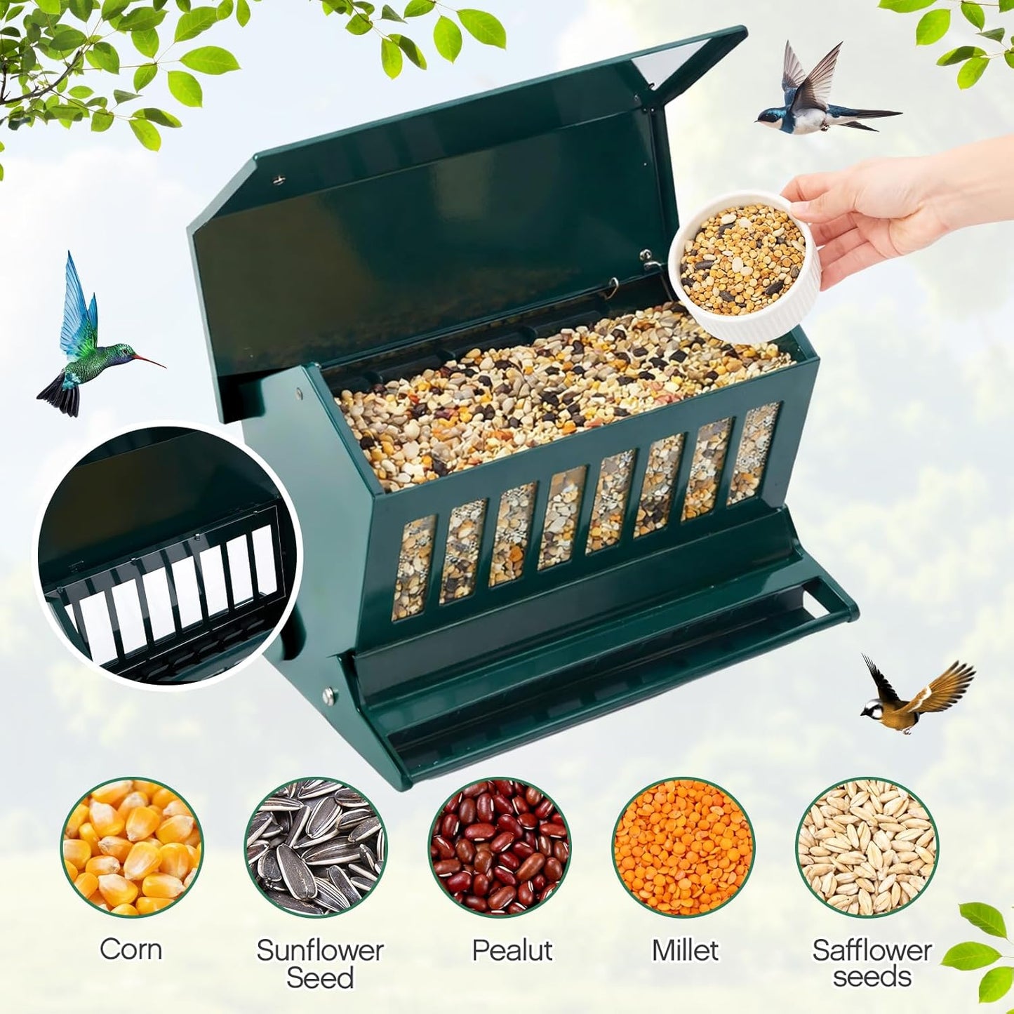 Zonon Squirrel Proof Bird Feeder Metal 12lbs Large Capacity for Cardinals Chickadees Green Bird Feeder on Pole for Outdoors