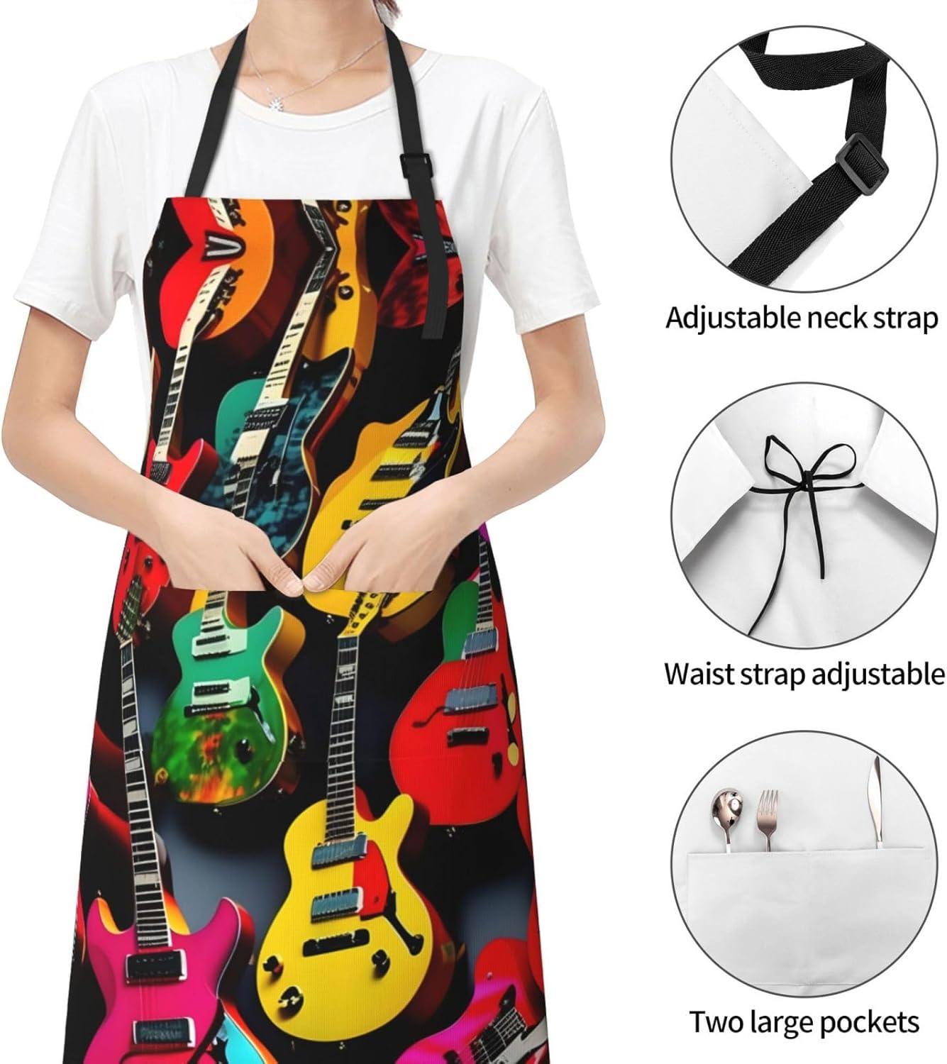 Colorful Guitar Print Laundry apron 28x33 In Waterproof Kitchen Apron with Pockets for Cooking Baking