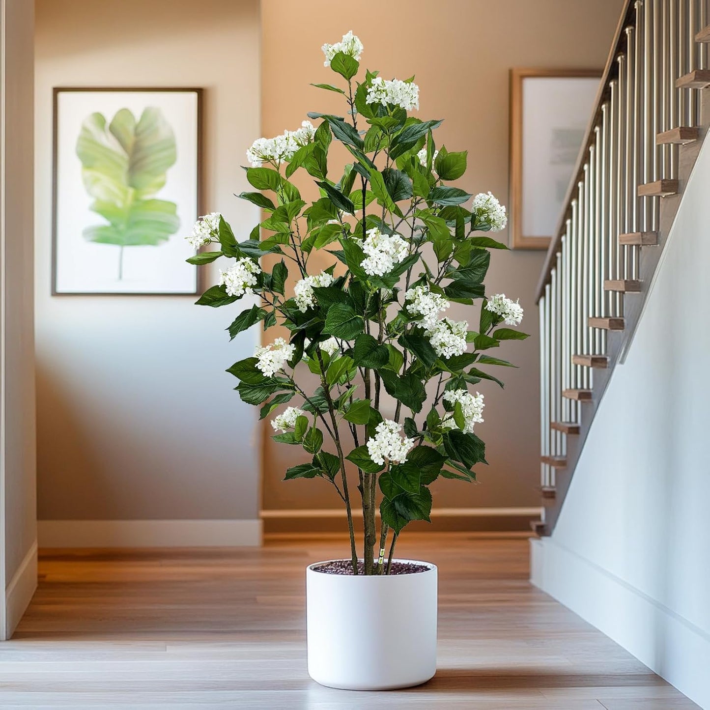 6FT Artificial Hydrangea Tree with 29 Blooms, Potted Fake Plant for Home Office Decor, Realistic Leaves & Bendable Branches, White Planter (6 FT)