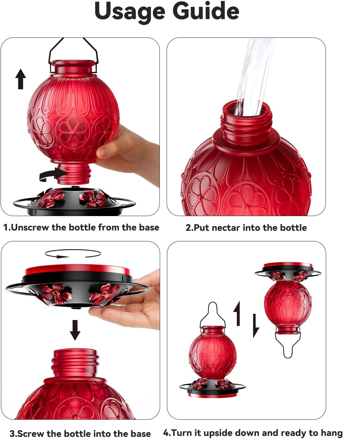 26Oz Hummingbird Feeder for Outdoors, Vintage Glass Bird Feeder with Perch, Durable & Easy to Clean, Hanging Nectar Feeder for Garden, Yard, Deck – Gift for Bird Lovers (Red)