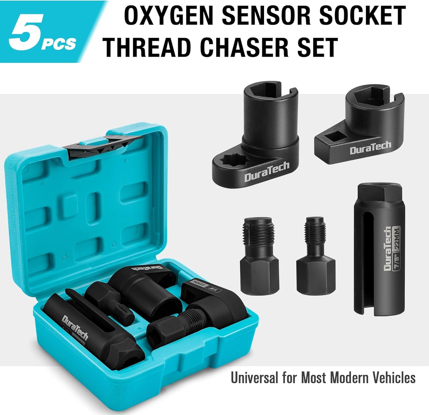 DURATECH 5PCS O2 Oxygen Sensor Socket Thread Chaser Set, 3/8" 1/2" Dri