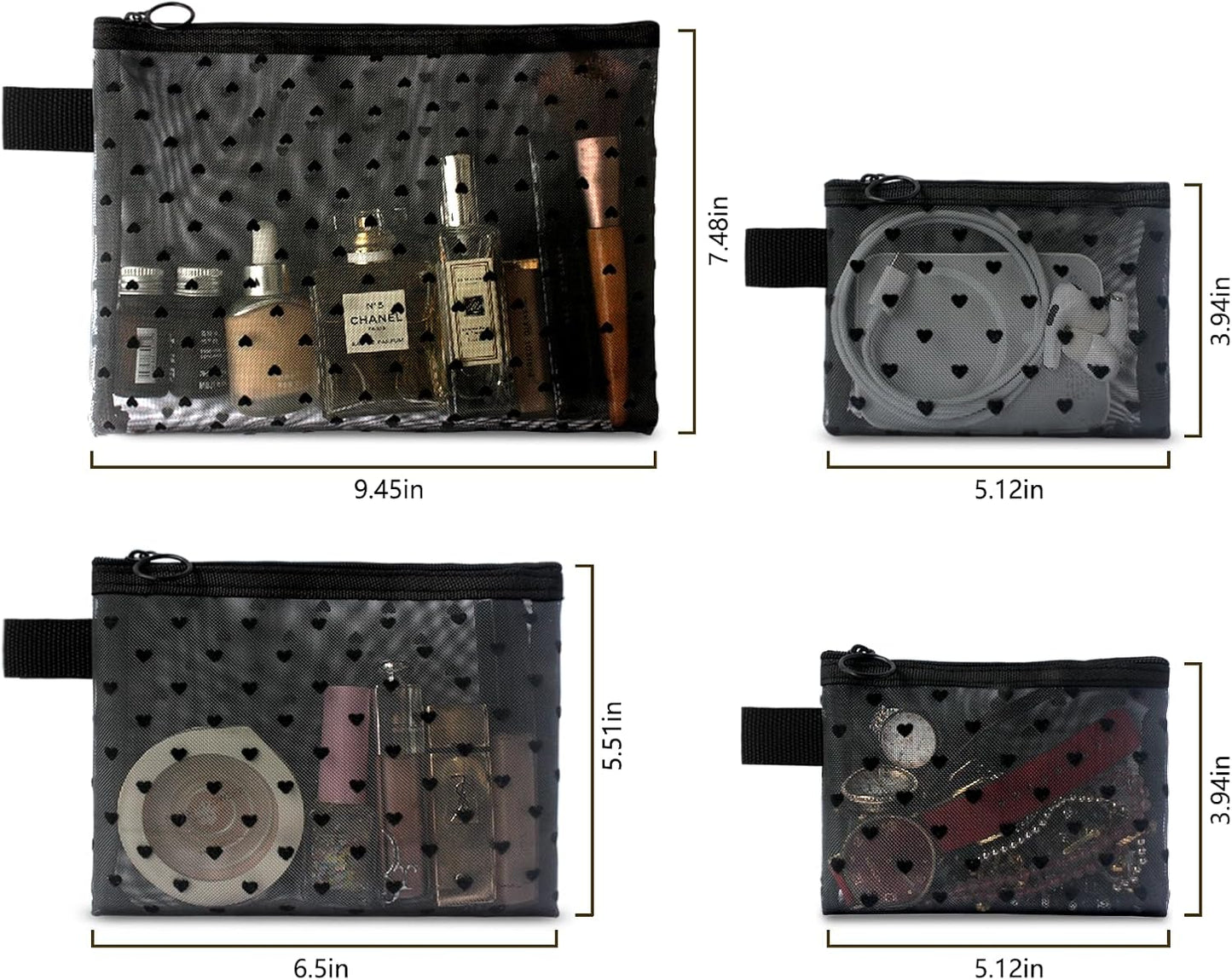4-Piece Heart Printed Mesh Makeup Bag Set, Portable Travel Mesh Cosmet