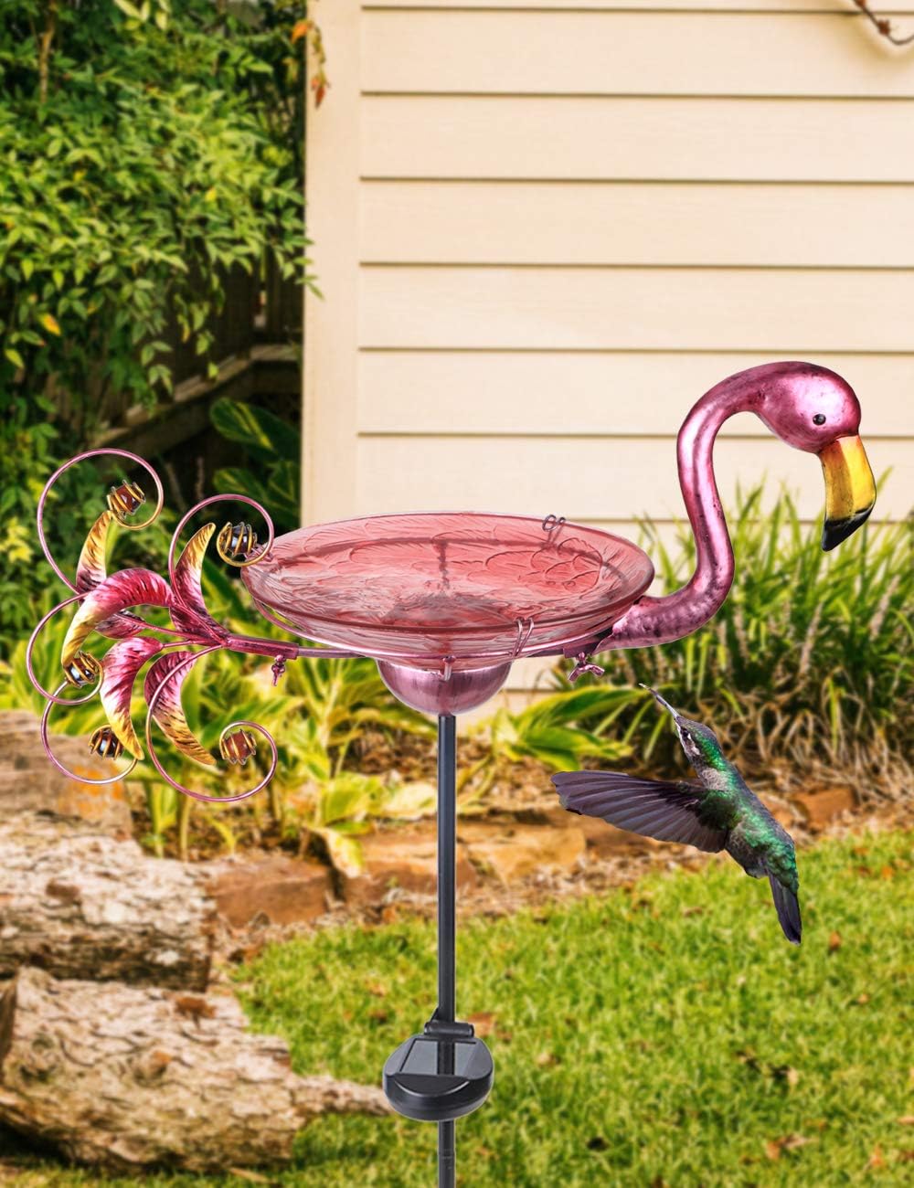 MUMTOP Outdoor Bird Bath Solar Birdbath Small Birdfeeder with Flamingo Metal Stake for Garden Yard Decor
