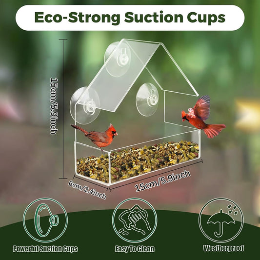 Clear Window Bird Feeder with Strong Suction Cups, Sturdy and Durable Acrylic Birdfeeders for Viewing Wild Birds Outside, Outdoor Small Bird House, Garden Decor