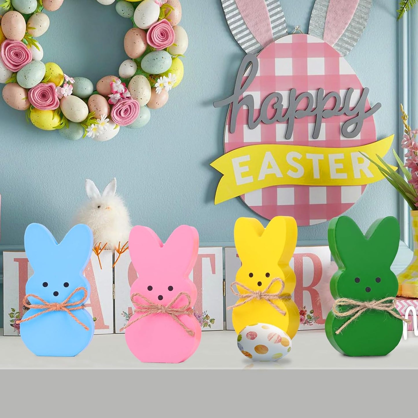 Easter Décor, 4 Pcs Wooden Peep Bunny Decorations for Tiered Tray, Mantel, Farmhouse, Cute Spring Signs for Home, Office, Party Supplies