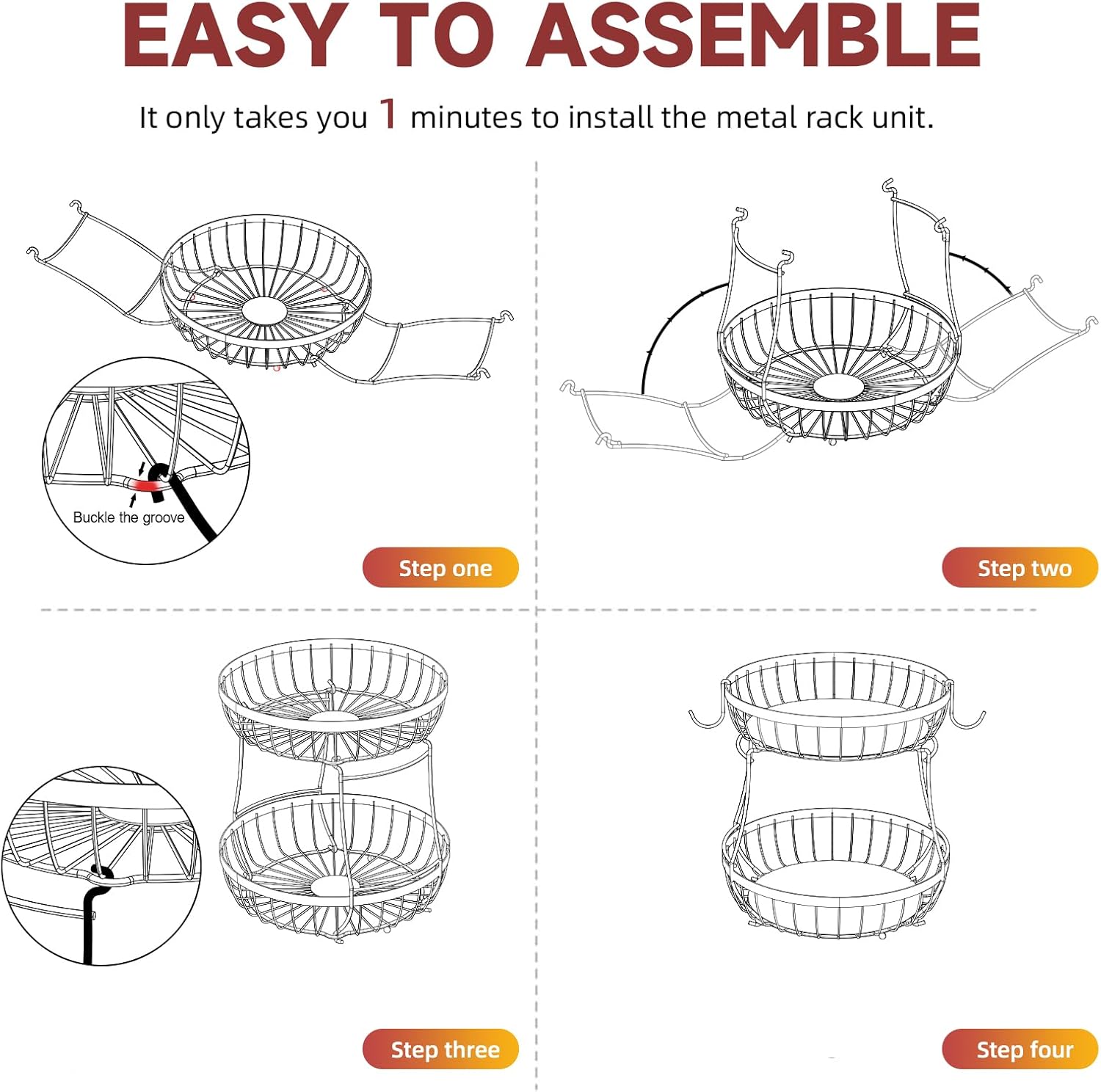2 Tier Large Fruit Basket for Kitchen Counter with 2 Banana Hangers, M