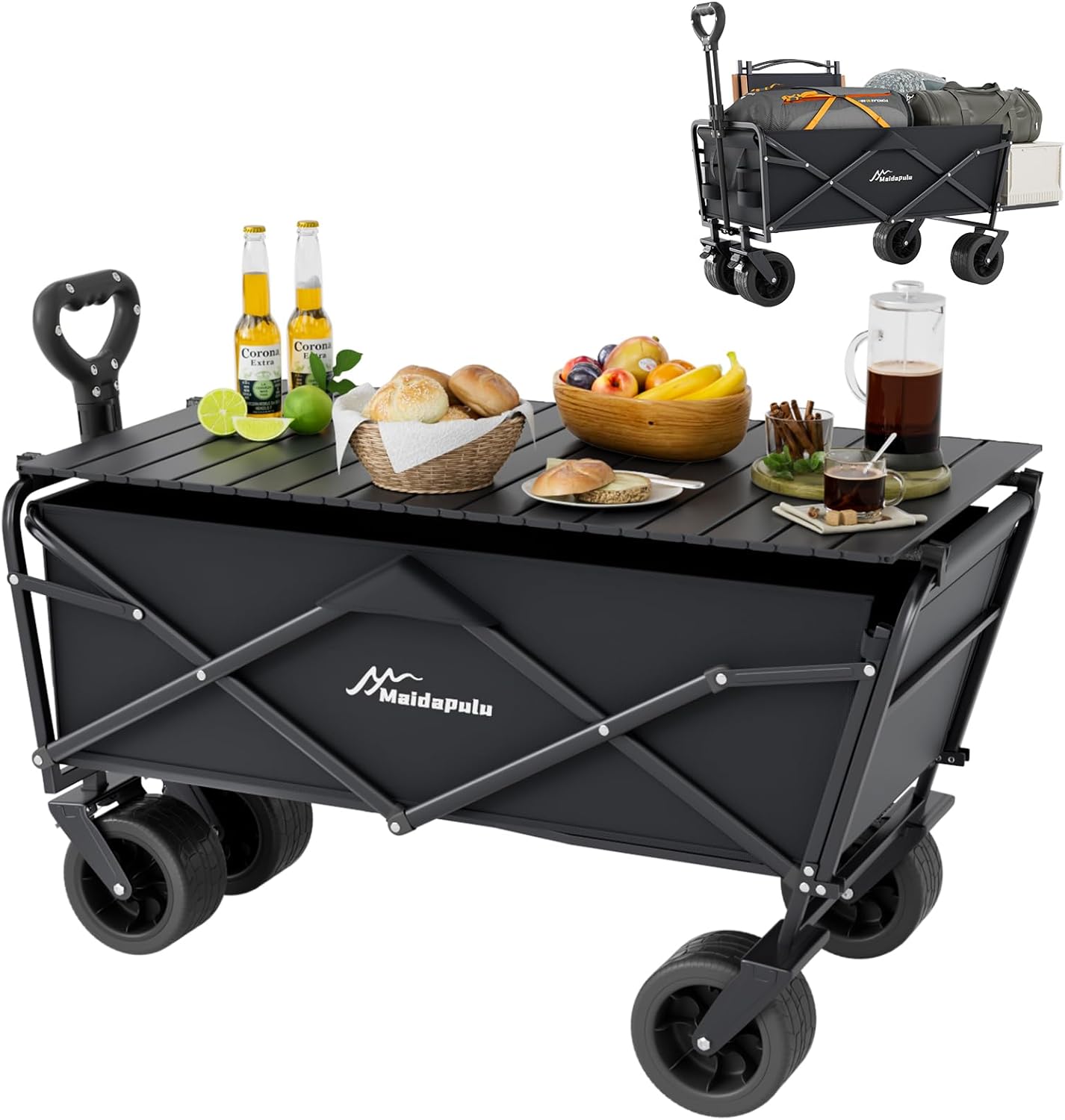 Collapsible Wagon Cart, Heavy Duty Folding Wagon with 430lbs,（with Table Top,with Tailgate）,All Terrain Large Wheel Beach,Camping Sports Garden Beach Grocery