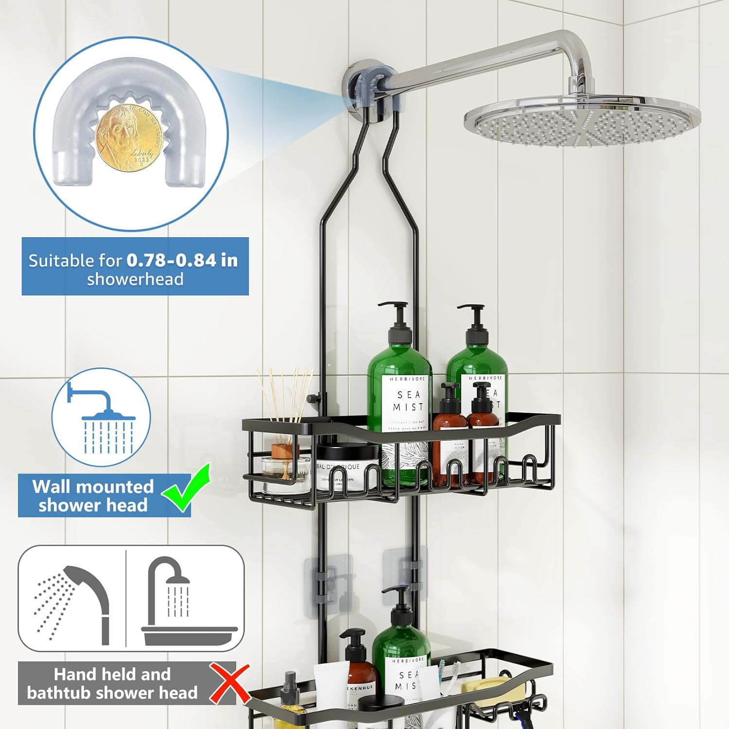 Upgraded Extended Length Shower Organizer with Hooks, Rustproof Shampo