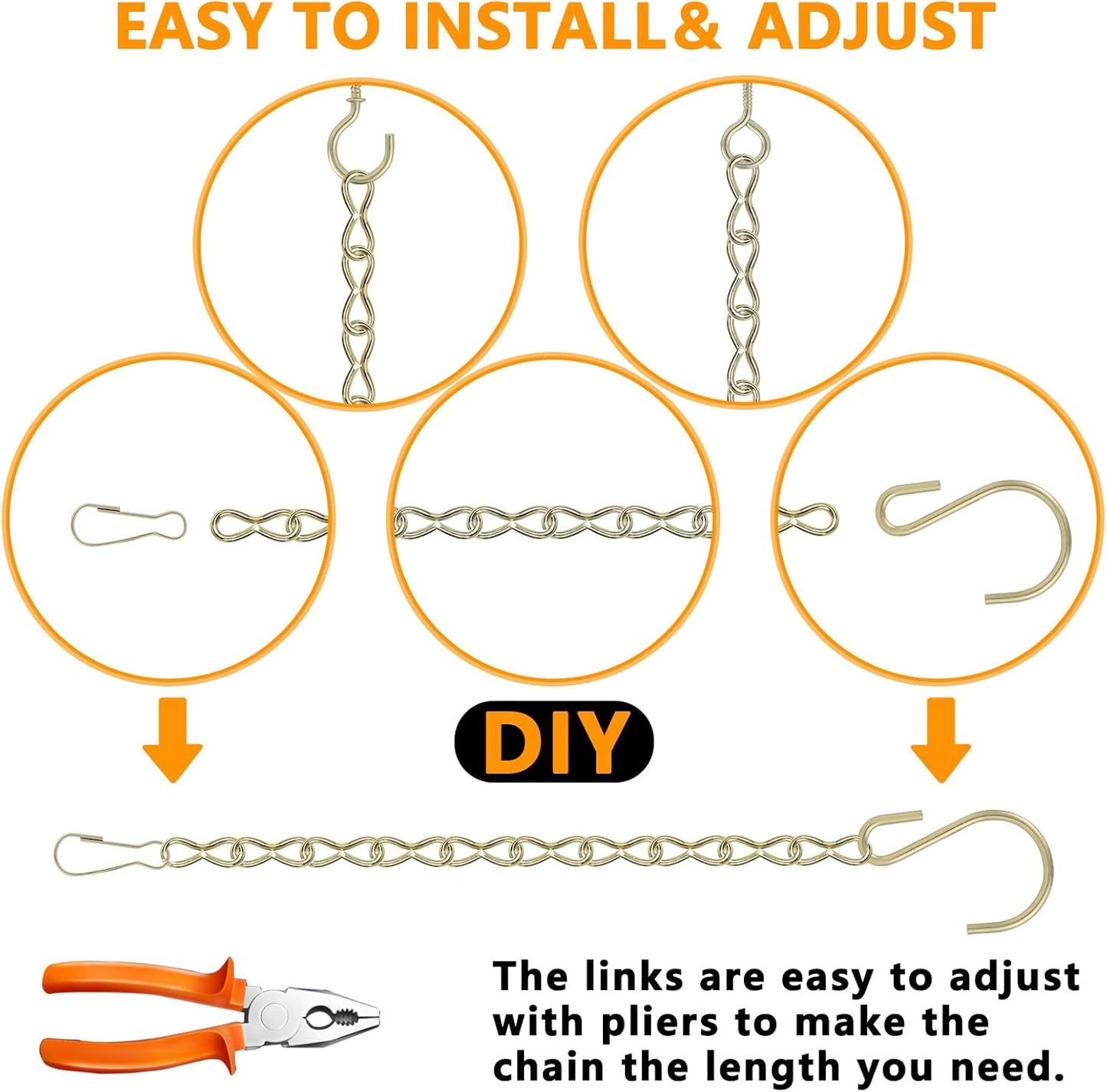 Metal Hanging Chain, 236 Inch Black Chains for Plants, 12×S Hooks, 12×Buckles, 12×Rings, 24×Screw Hooks for Bird Feeder, Planter, Wind Chimes (Gold)