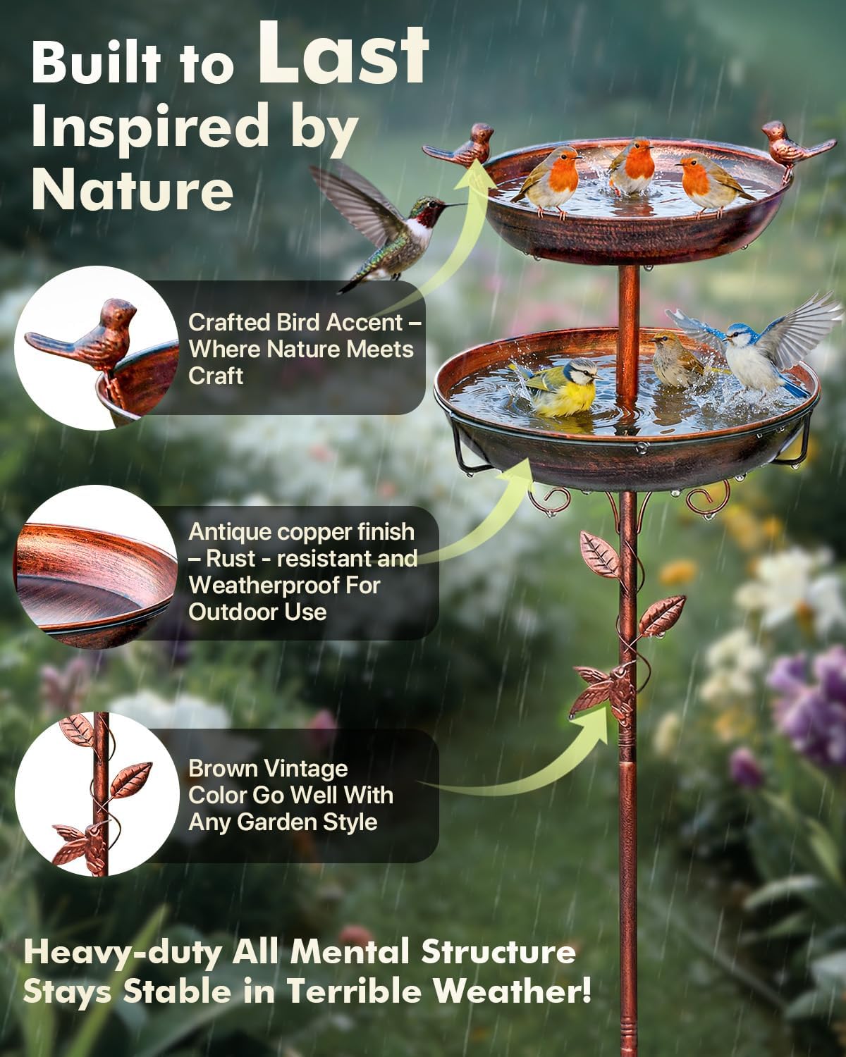 Metal Bird Bath for Outside - Outdoor Garden Decor Birdbath 2-Tier Water Bowl with Copper Finish Stake Adjustable Height 45'' Tall for Yard