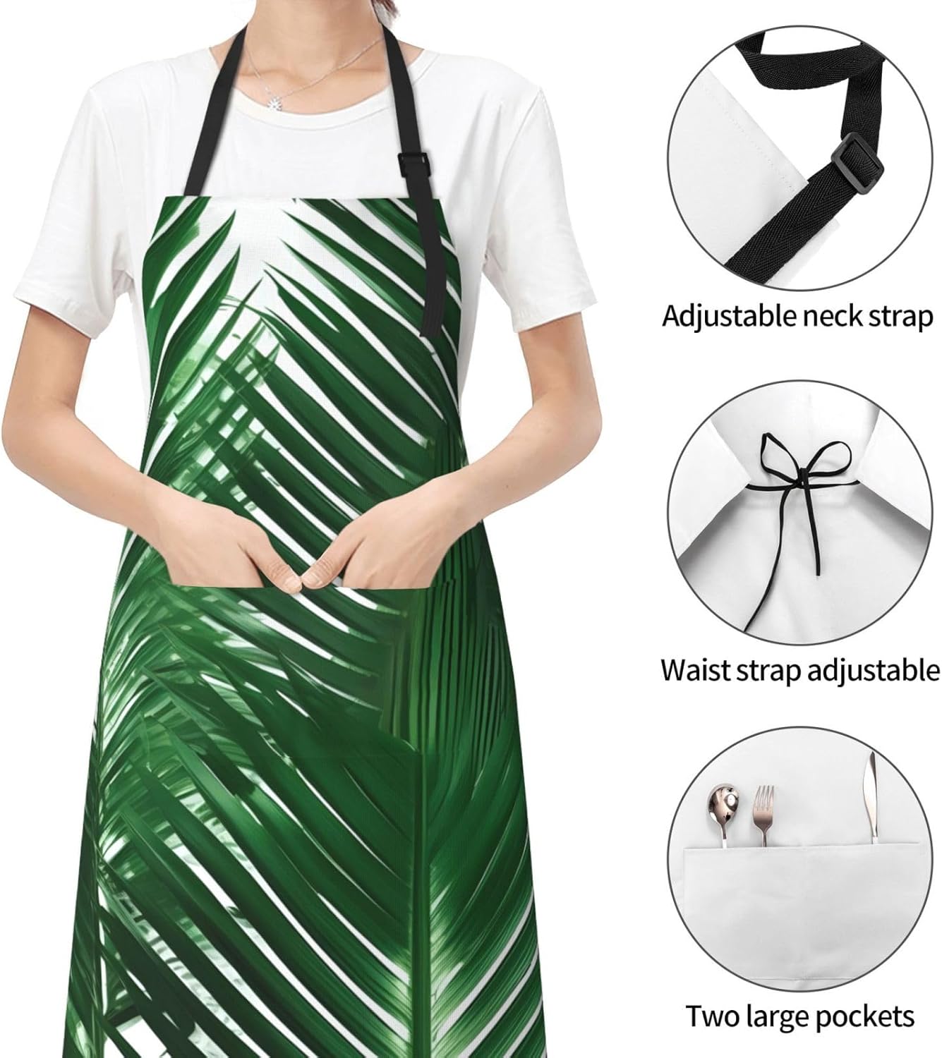 YANYU Green Palm Leaf Print 28x33 In Kitchen Apron Stylish Chef Apron 