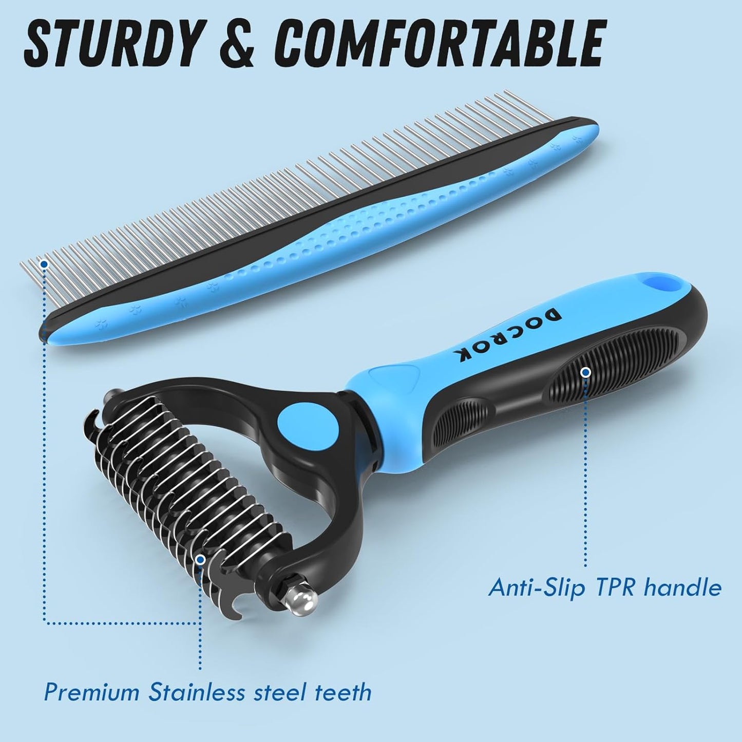 Pet Grooming Combo - Blue Deshedding Brush with Metal Comb for Detangl
