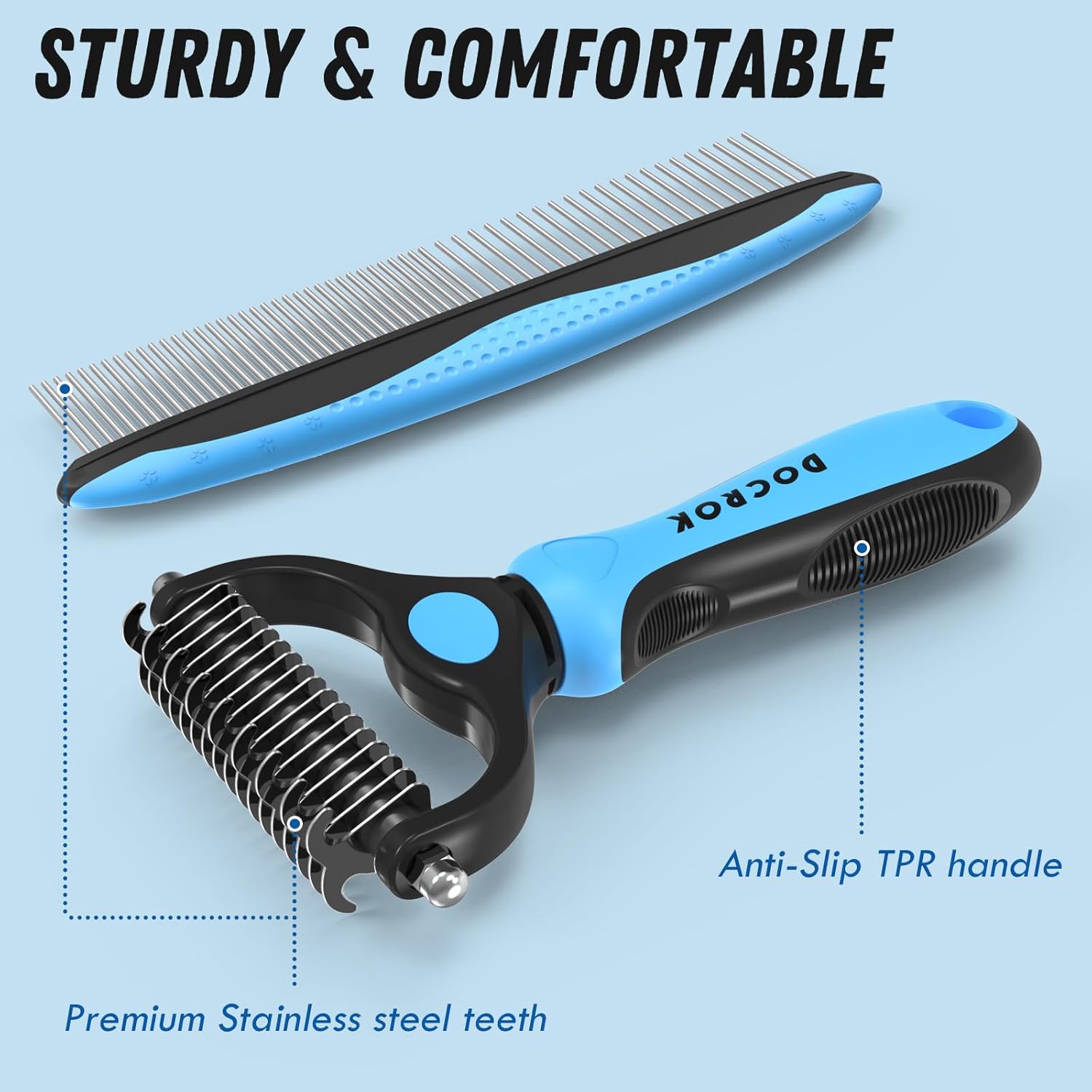 Pet Grooming Combo - Blue Deshedding Brush with Metal Comb for Detangl