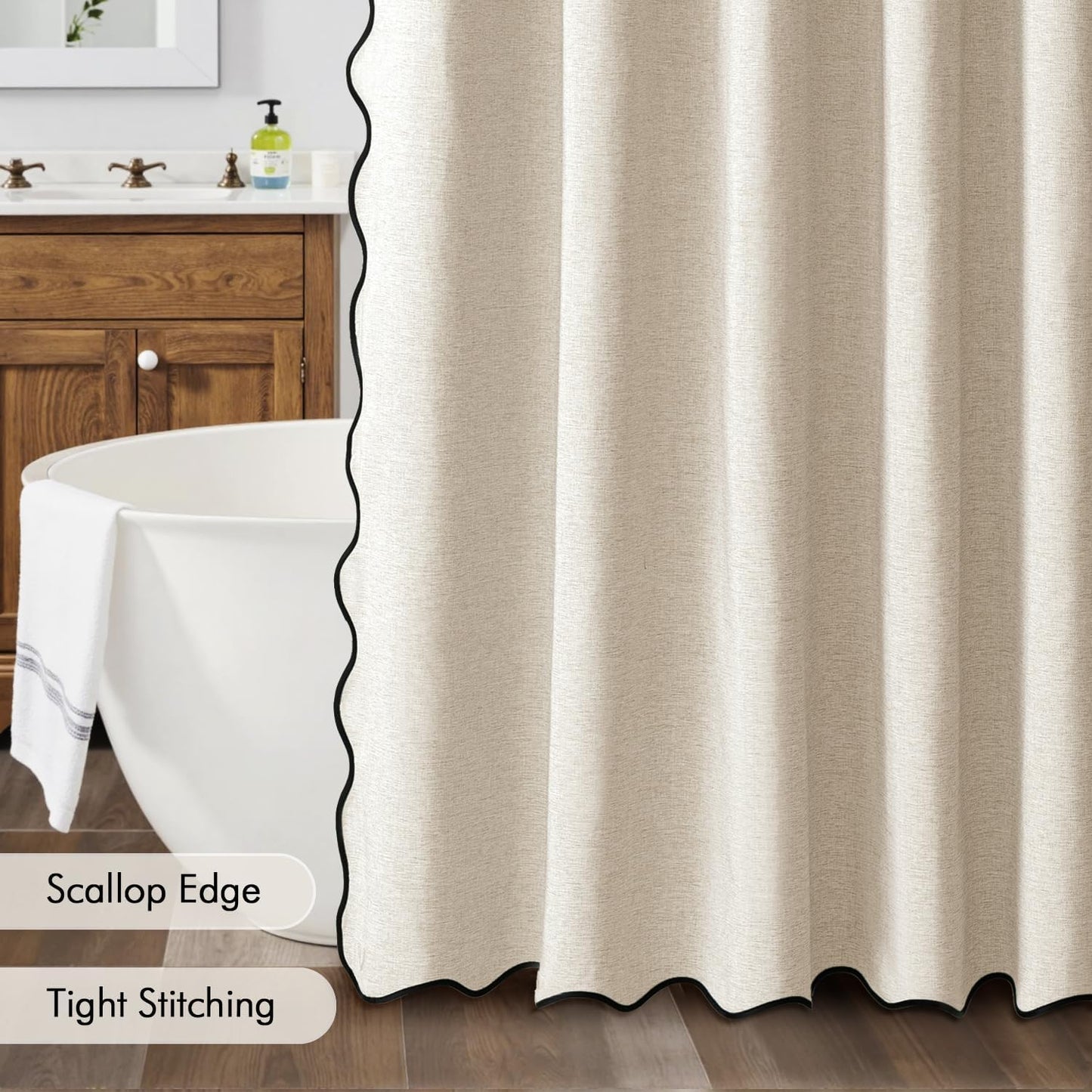 MIULEE Beige Scalloped Shower Curtain Linen Textured with 12 Metal Hoo