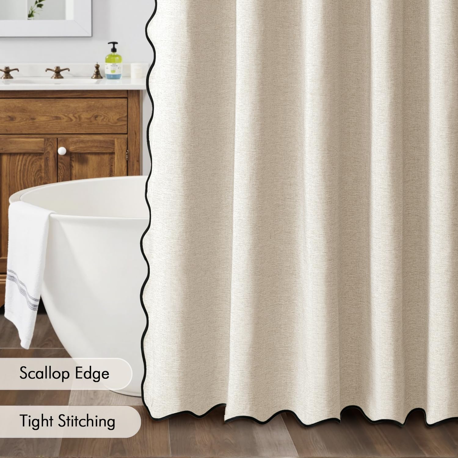 MIULEE Beige Scalloped Shower Curtain Linen Textured with 12 Metal Hoo
