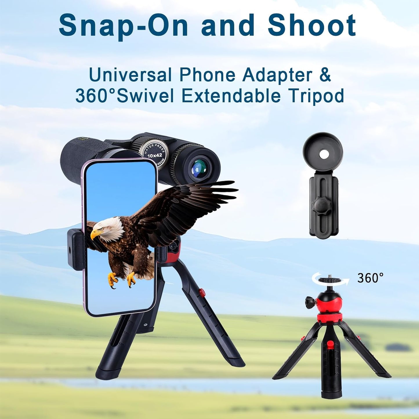 8x42 HD Binoculars for Adults High Powered with Phone Adapter and Tripod, Super Bright BAK4 Prism Waterproof Compact Binoculars for Bird Watching Hunting Stargazing Hiking Cruise Travel
