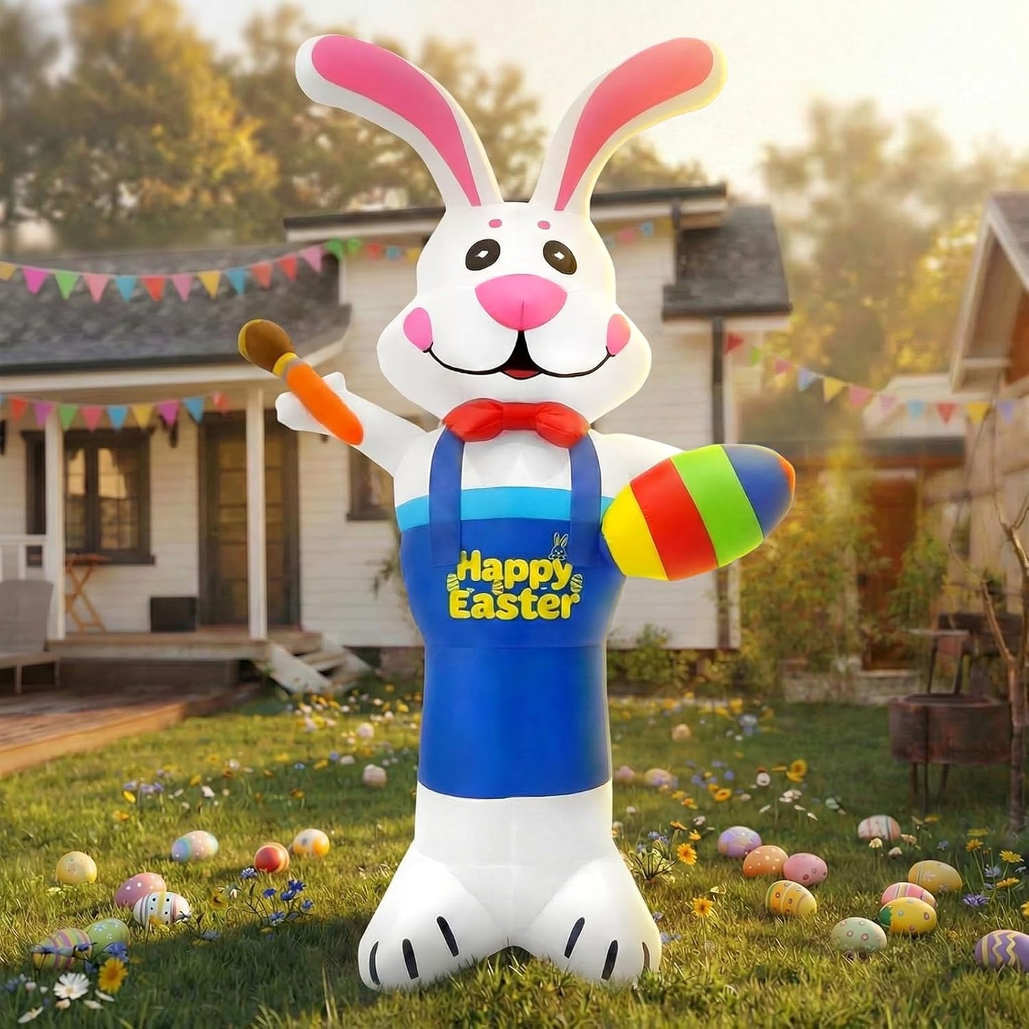 8 FT Easter Inflatable Bunny Painting Eggs Decoration, Giant Blow Up Rabbit with LED Lights, Outdoor Inflatables Yard Decor with Stakes for Lawn Garden Spring Holiday Party
