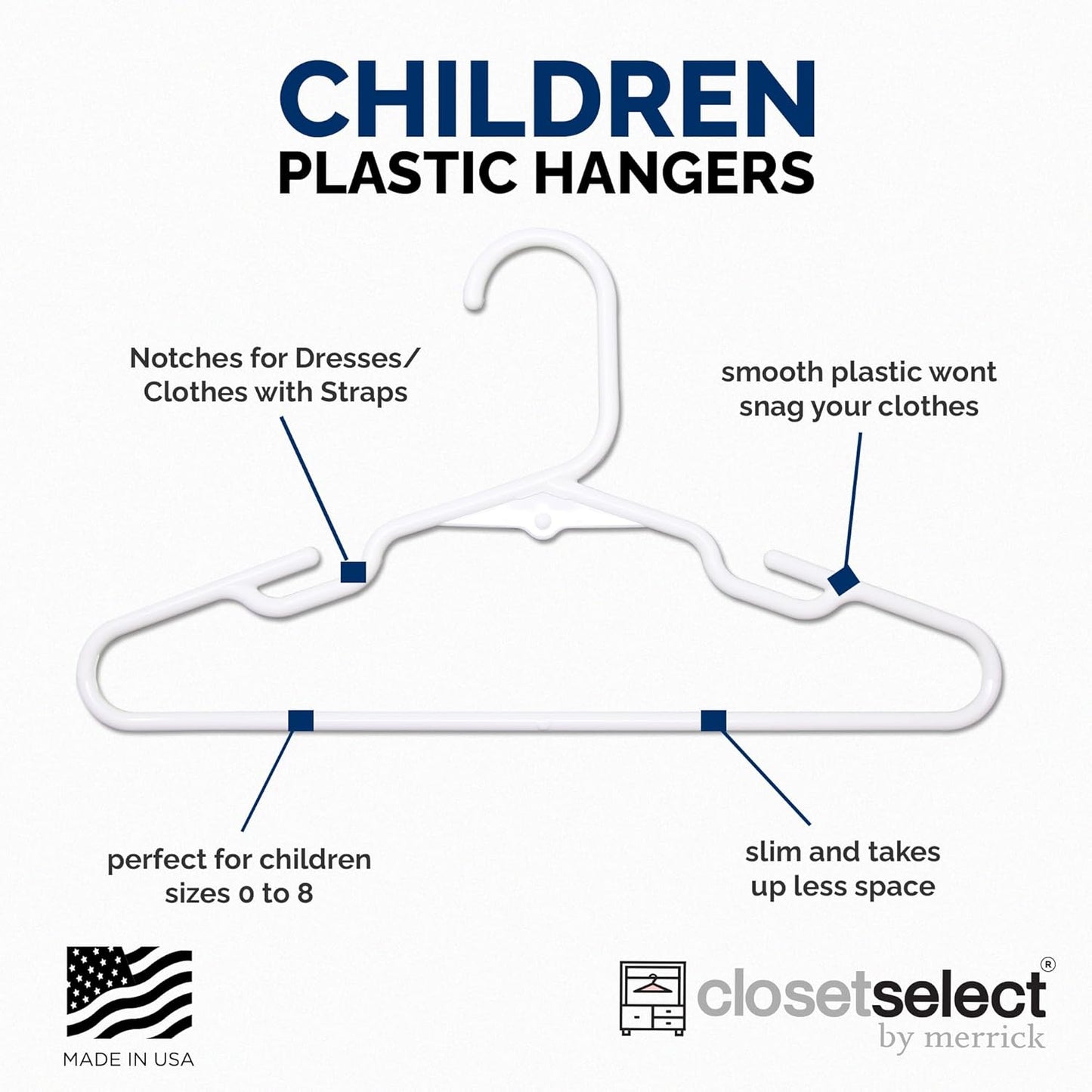 Childrens Hangers 30 Pack - 11.75 Inch Plastic Kids Hangers for Closet, Baby Hangers for Children Clothes Sizes 0 to 8, Non-Slip Infant Hangers with Shoulder Grooves, Made in USA | White