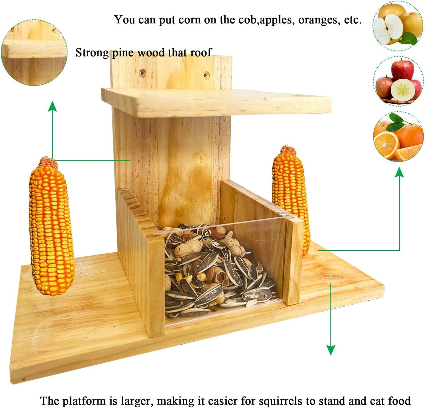 Squirrel Feeder, Wooden Squirrel Feeders for Outside, Durable Chipmunk Feeding House Corn Cob Holder and Peanut Nuts Tray for Outdoors, Easy to Clean & Refill, Waterproof