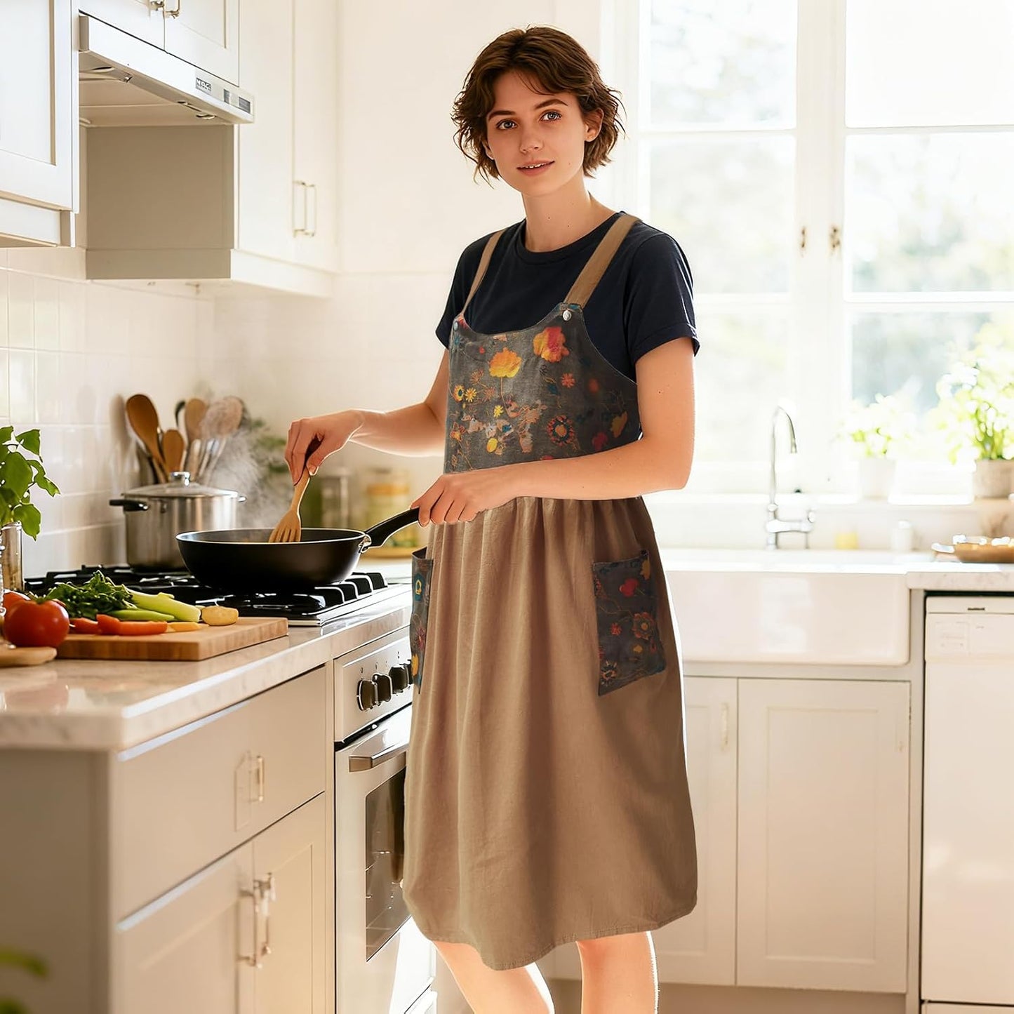 Cityelf Vintage Pinafore Apron Dress Snap Adjust Linen Cotton with Poc