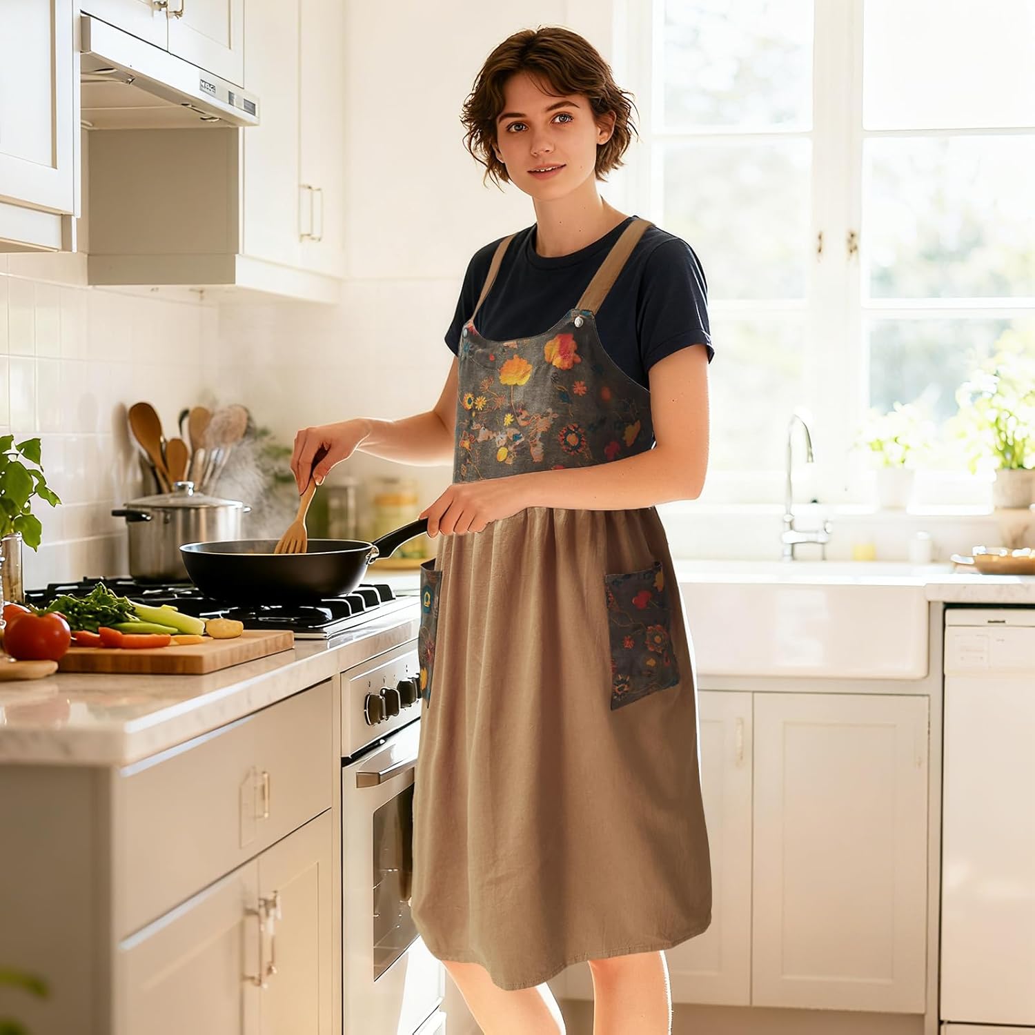 Cityelf Vintage Pinafore Apron Dress Snap Adjust Linen Cotton with Poc