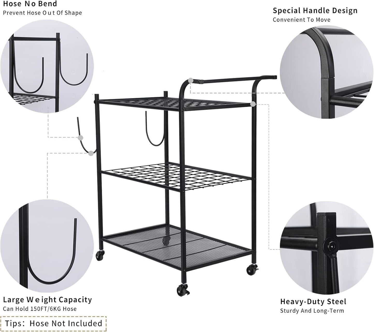 Uboway Garden Tool Organizer: Yard Tool Organizer for Garage with Water Hose Holder and Wheels, Up to 60 Long Handled Tools, Garden Tool Holder For Garage, Shed, Outdoor, Easy to Install, Black