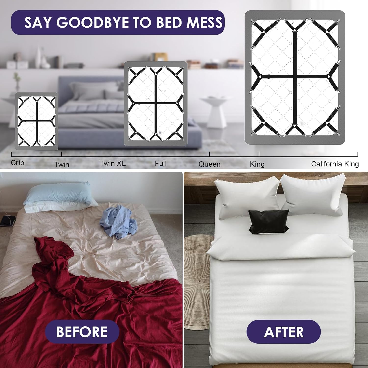 Bed Sheet Straps,6 PCS Secure and Fitted Sheet Straps for Full Size Be