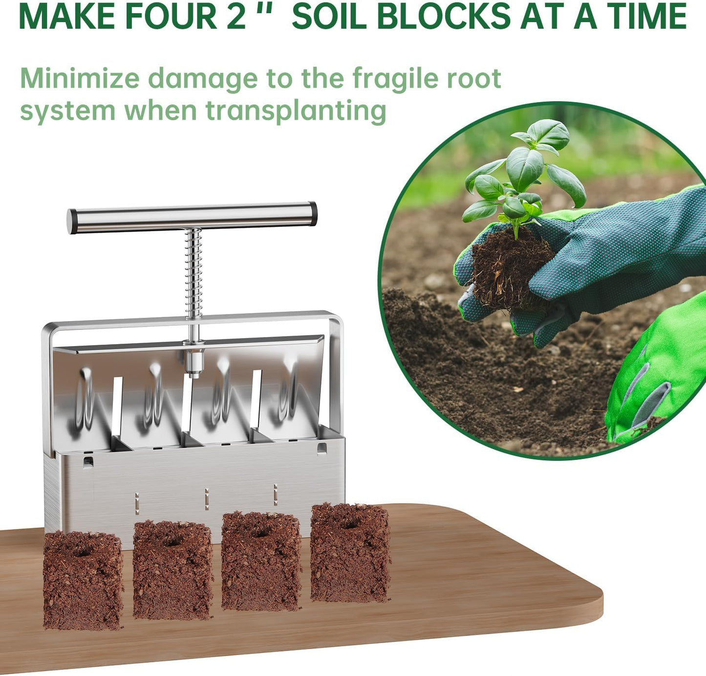 Soil Blocker, 2 Inch Soil Block Maker with 3 Sizes Seed Pins & Comfort