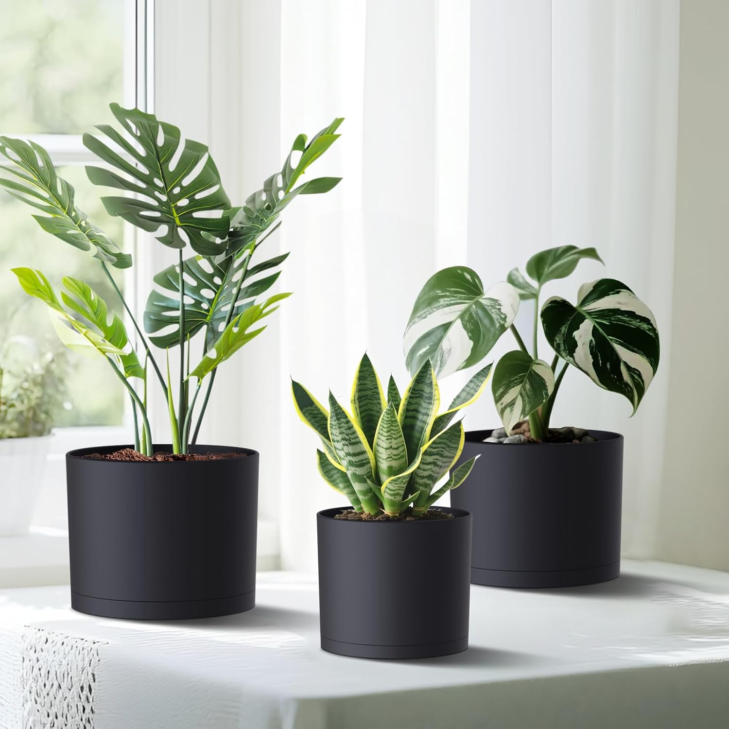 (3 Pack) 10 Inch Plant Pot with Drainage and Saucers, 10/9/8 Inch Plas