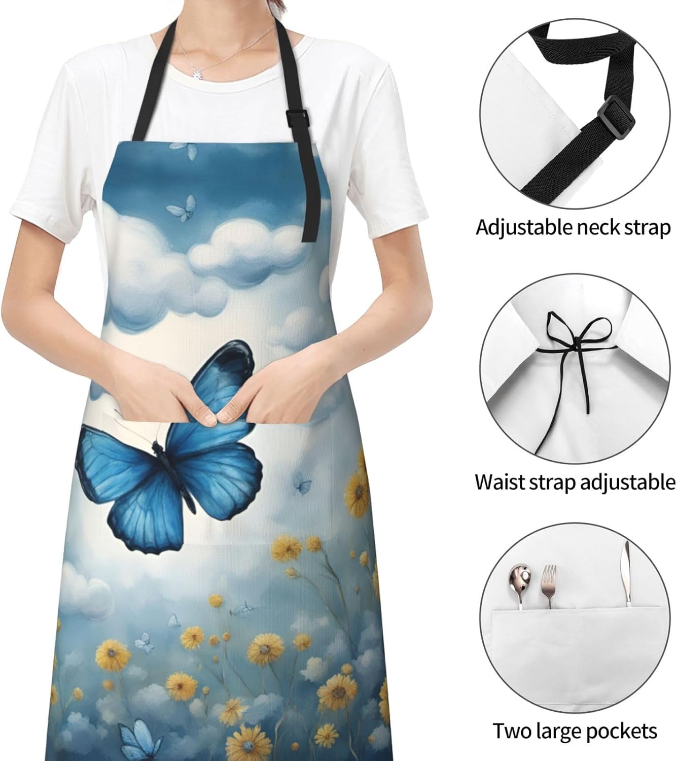 blue butterfly and Clouds print Waterproof chef's apron with pocket apron for kitchen cooking baking barbecue and gardening