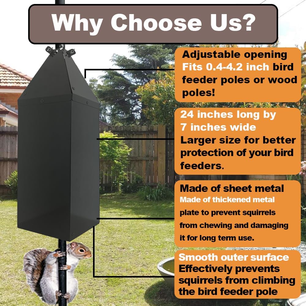 24.4Inch Metal Squirrel Baffle, Adjustable Opening Size, for Up to 4x4 Inch Wide Wooden Post, Squirrel Baffle for Bird Feeders Without Removing Bird Feeder Poles Or Shepherd's Hooks.