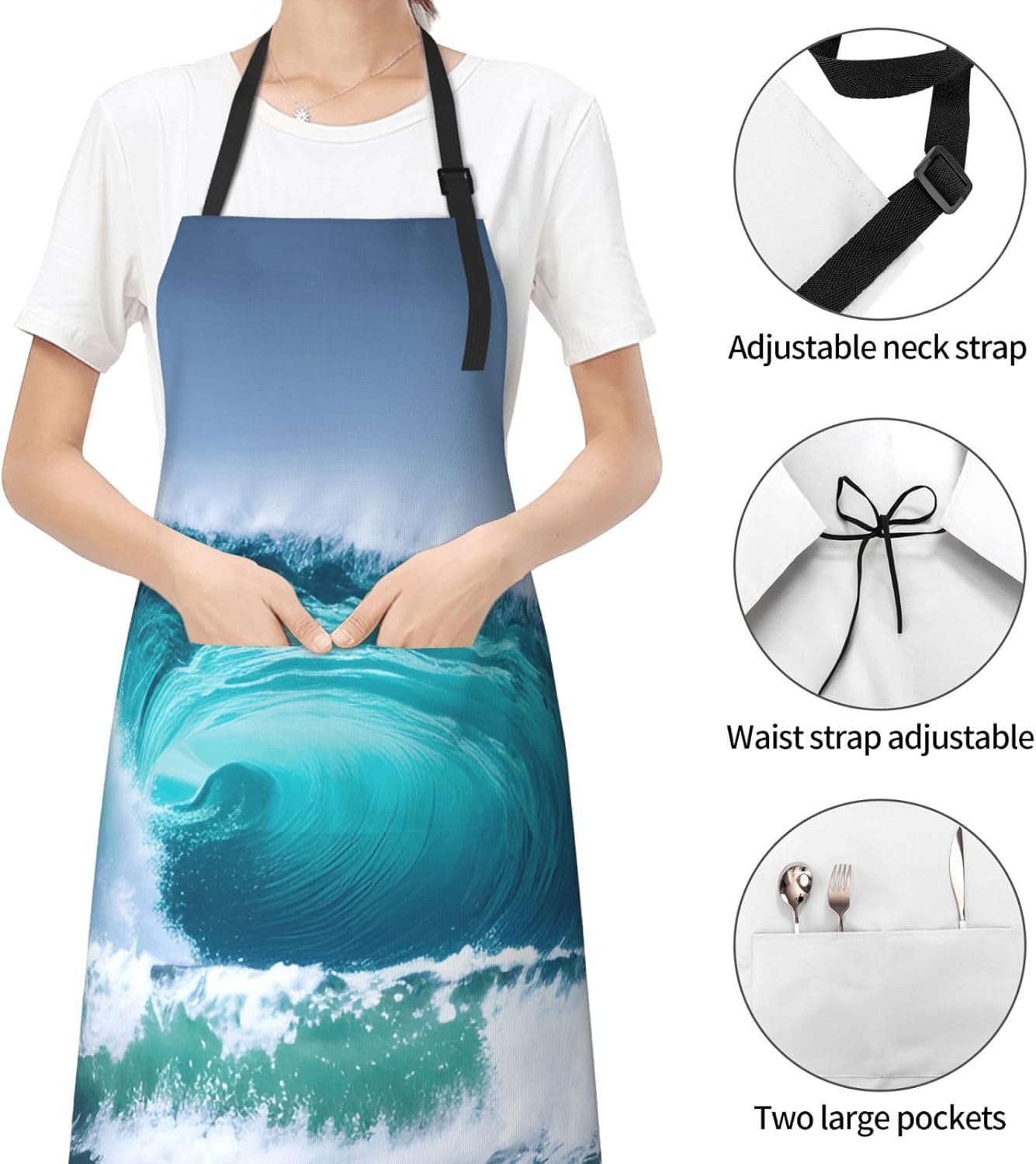 YANYU Ocean Wave Print 28x33 In Kitchen Apron Stylish Chef Apron with Pockets for Cooking Baking Painting