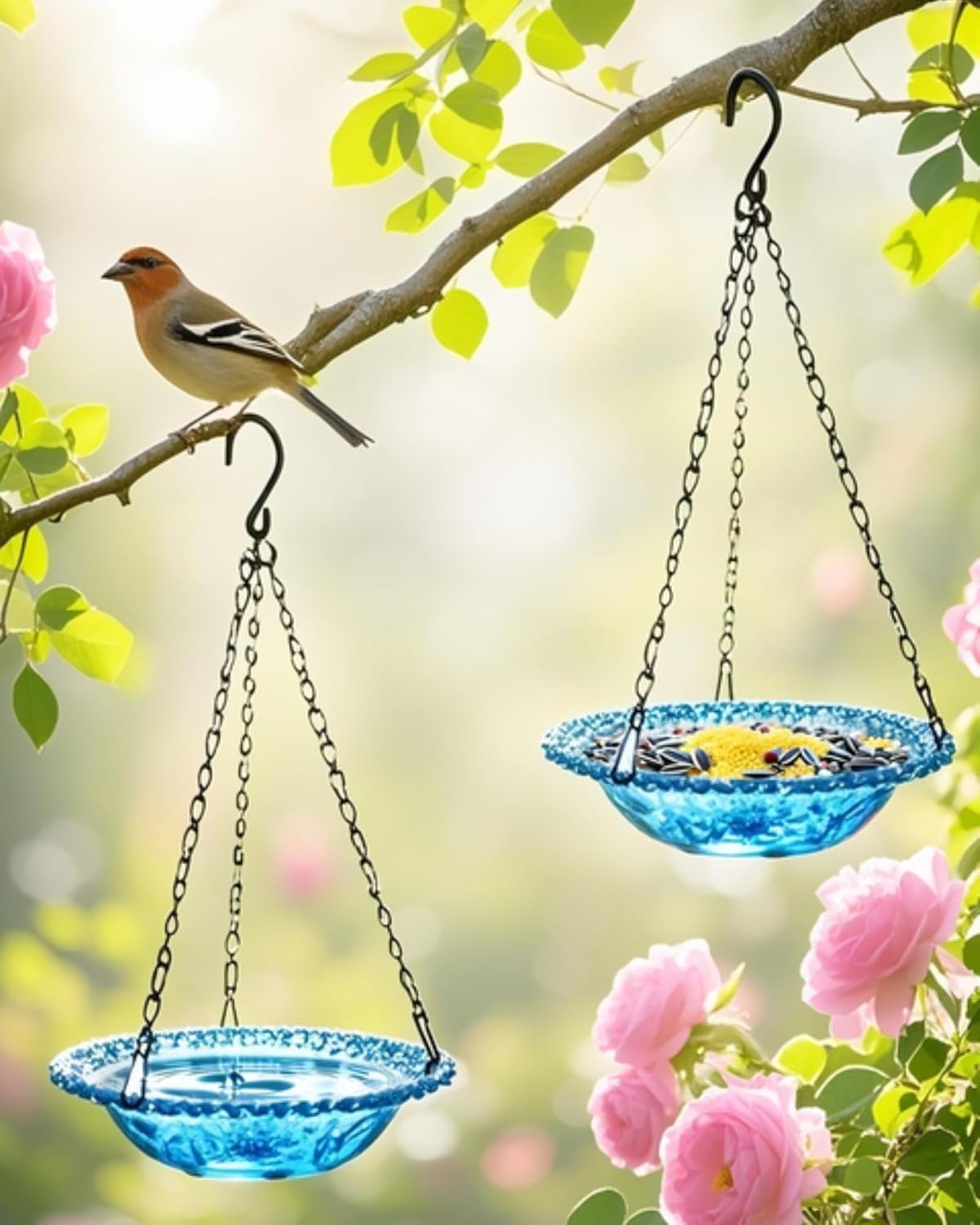2 Pack Hanging Bird Baths and Feeders for Outdoors, Plastic Bird Bath Bowl & Hanging Feeder for Garden Yard Decor,Nature Blue
