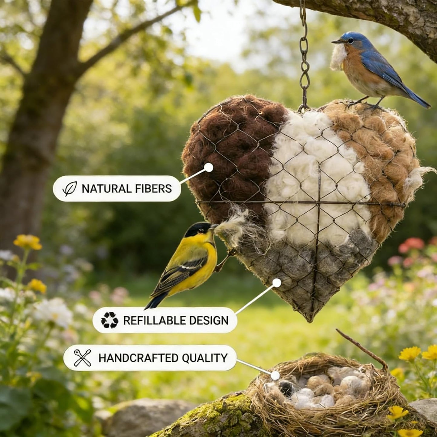 Handmade Fiber Bird Nesting Heart, Birds Nests Material Holder, Winter