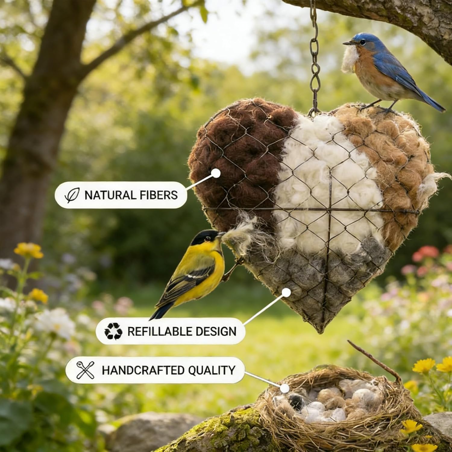 Handmade Fiber Bird Nesting Heart, Birds Nests Material Holder, Winter
