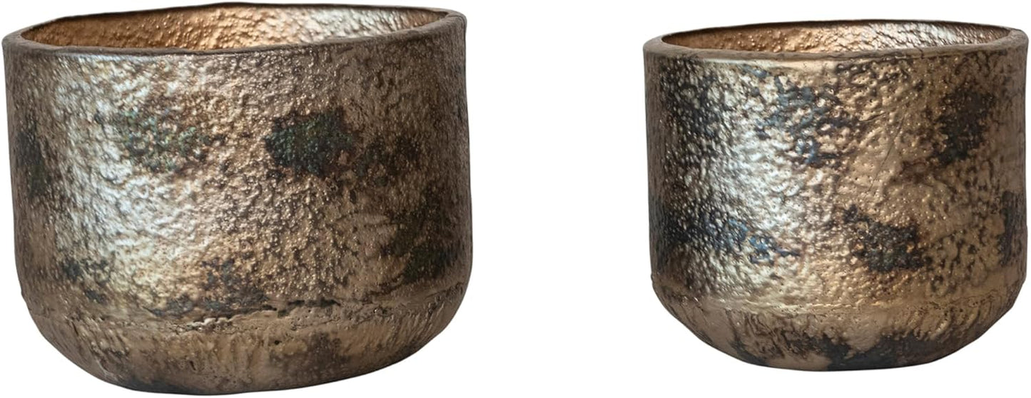 Creative Co-Op Round Metal Planters with Oxidized Finish, Antique Gold Finish, Set of 2