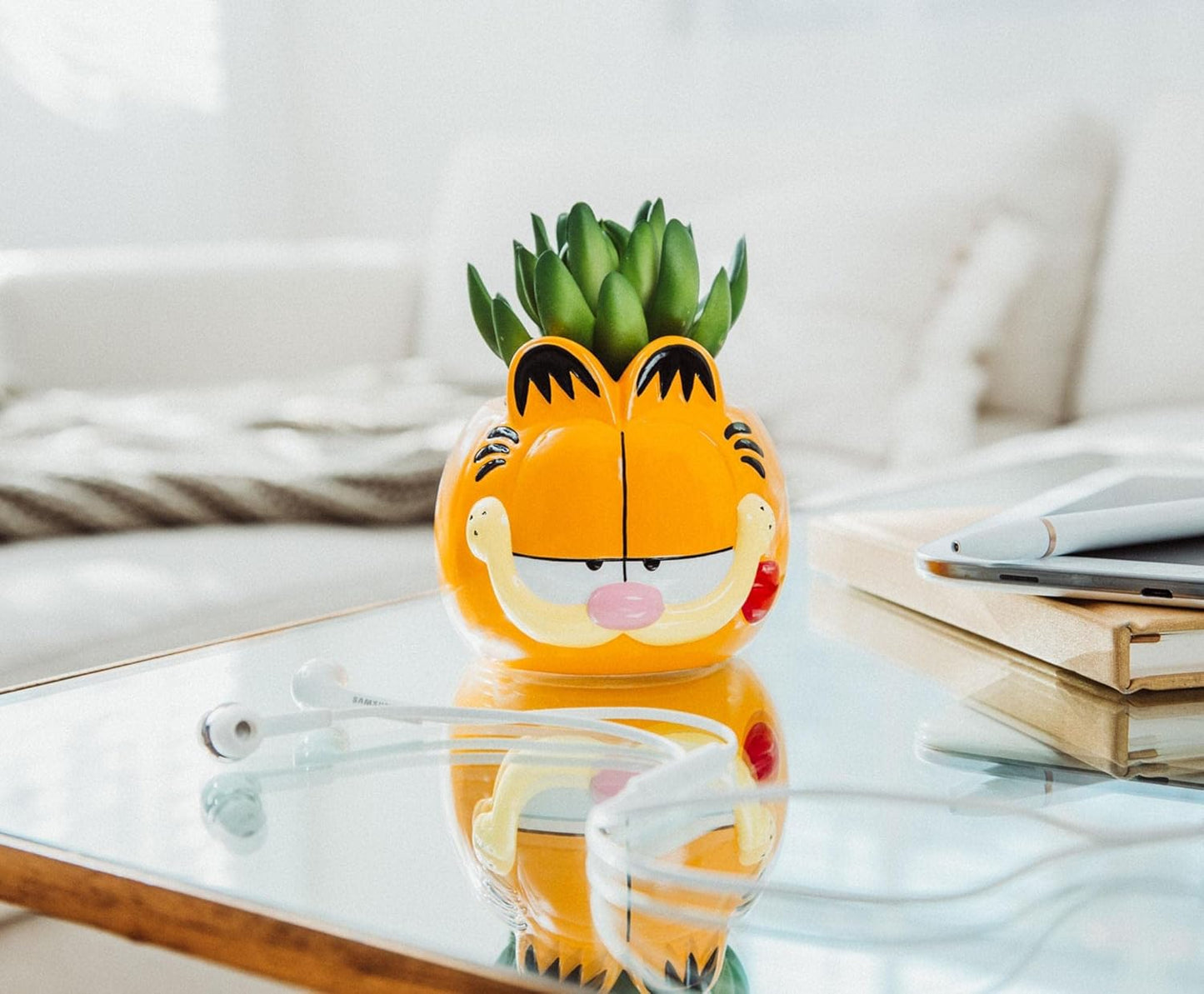 Garfield 4-Inch Ceramic Planter with Artificial Succulent | Cute Flower Pot, Faux Indoor Plants