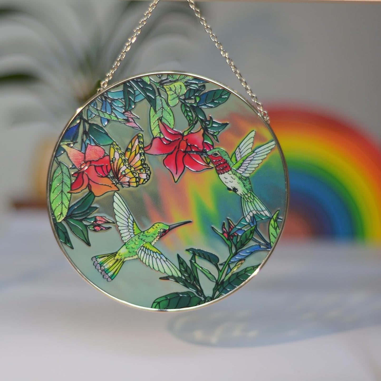 Stained Glass Window Hanging, Hummingbirds Garden Suncatcher for Window Memorial Gift for Birds Lover Stained Glass Birthday Gift for Mom Sun Catchers Window Home Christmas Party Wedding Decor(C)