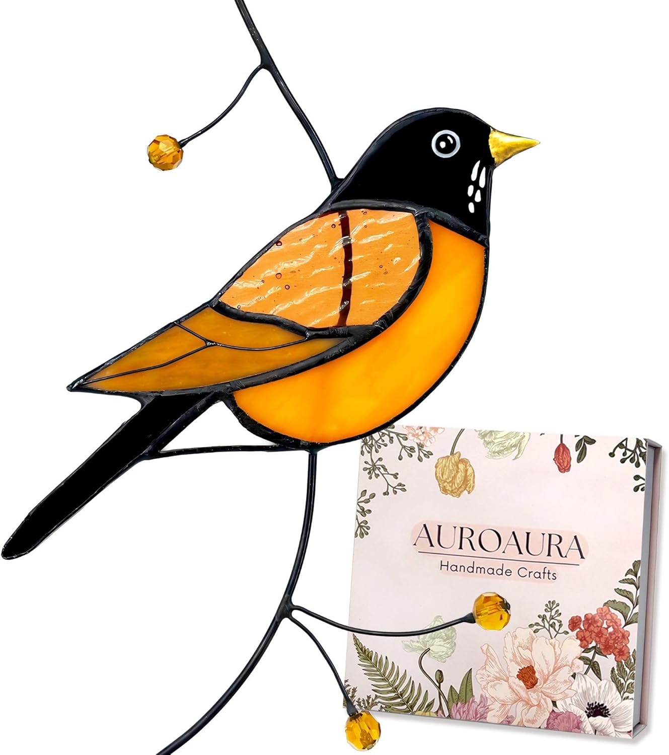 American Robin Stained Glass Window Hanging - Handmade Real Glass Robin Bird Suncatcher for Women, Mom, Grandma - Elegant Gifts Box Home Decor (H7.9xW4.1 Inch)