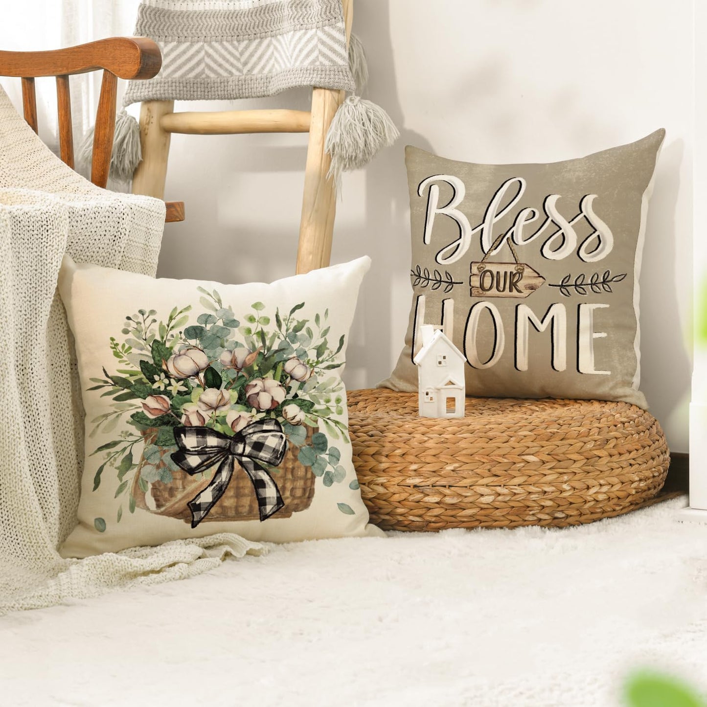 AVOIN colorlife Bless Our Home Farmhouse Eucalyptus Leaves Throw Pillow Covers, 18 x 18 Inch Truck Home Sweet Home Cushion Case Decorations Set of 4