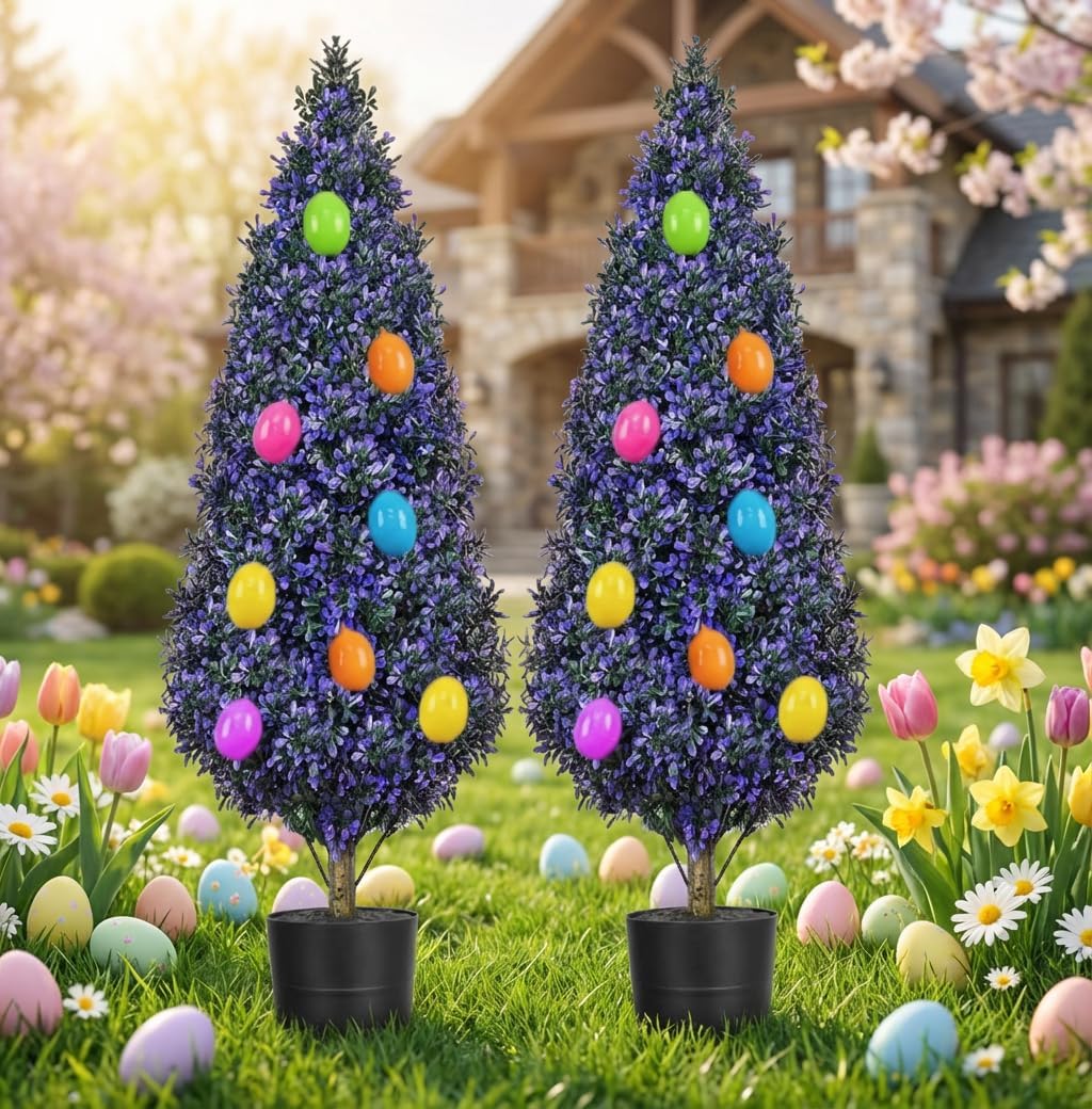 Outdoor Easter Artificial Lavender Topiaries Trees, 3 FT Tall Set 2 Fake Plants Boxwood with Planter, Spikes, Eggs, UV Resistant Faux Evergreen for Indoor Home Porch Office Spring Decor