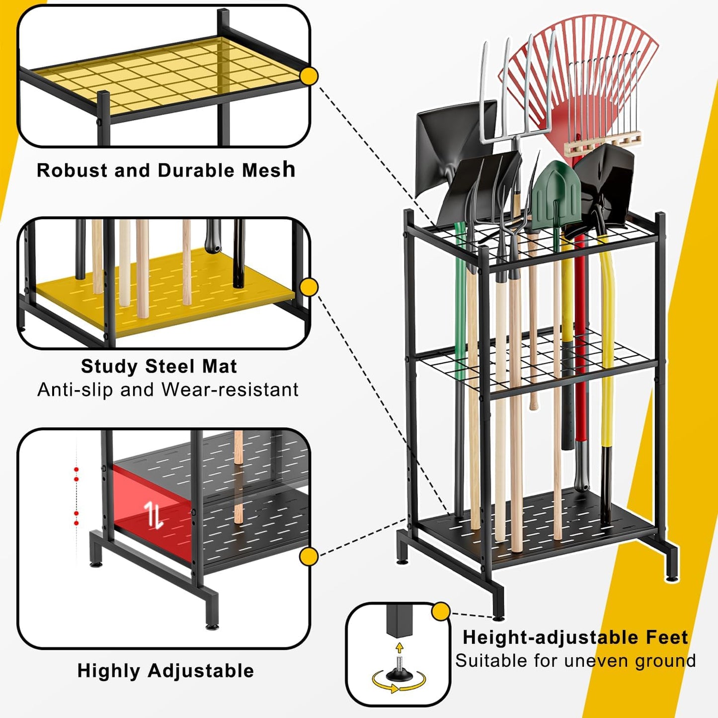 Garden Tool Organizer with 2 Pack Wall Mounted Racks, Holds 35+ Long-Handled Tools, Heavy Duty Metal Yard Tool Storage Stand for Garage, Shed & Outdoor Organization, Black