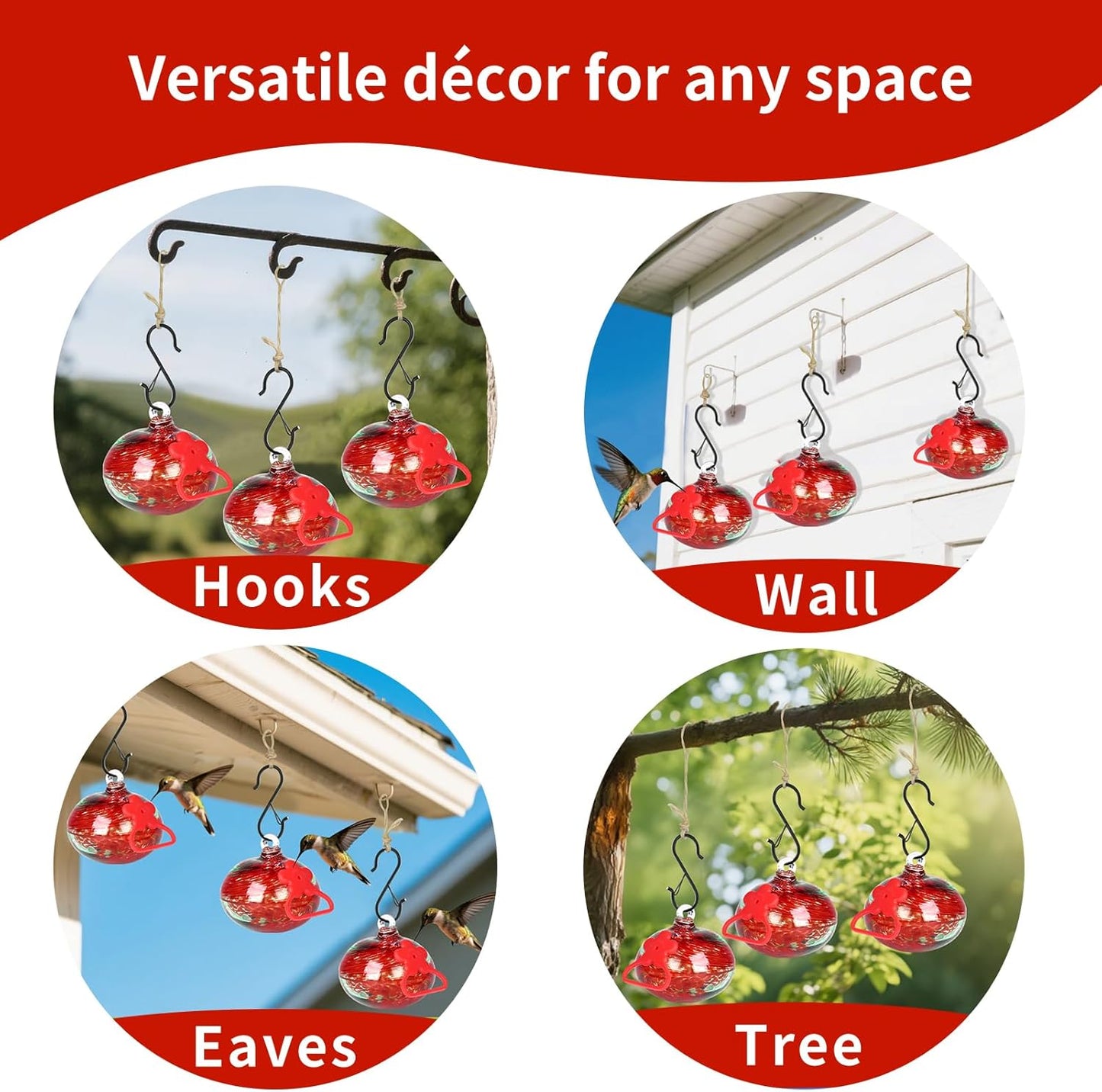 Set of 3 Hummingbird Feeders for Outdoors Hanging,Hand-Blown Glass Hummingbird Feeder with Silicone Feeding Perch,Never Leak,Gardening Gifts for Woman Man(Red)