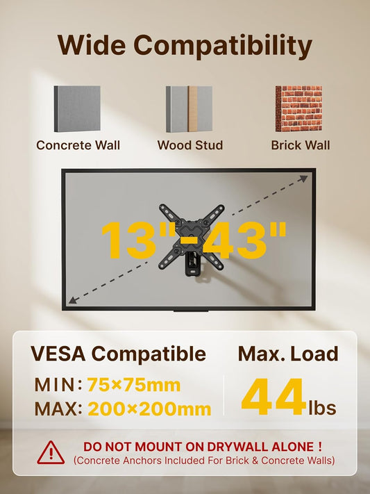 monTEK Full Motion TV Wall Mount Bracket for Most 13-43 Inch LED LCD Flat Screen TVs & Monitors, Swivel Tilt Extension Rotation with Articulating Arms, TV Mount Max VESA 200x200mm, up to 44lbs