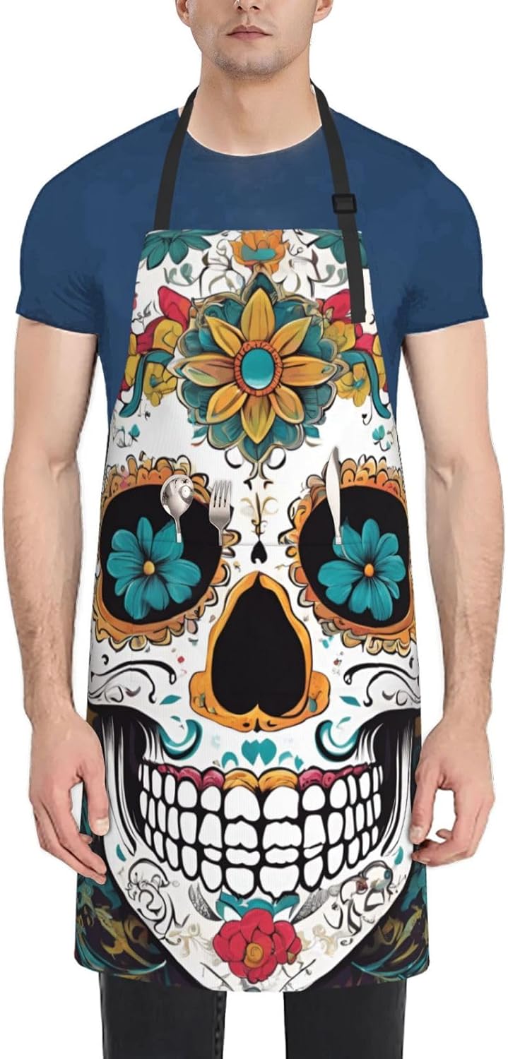 YANYU Floral Skull Print 28x33 In Kitchen Apron Stylish Chef Apron with Pockets for Cooking Baking Painting