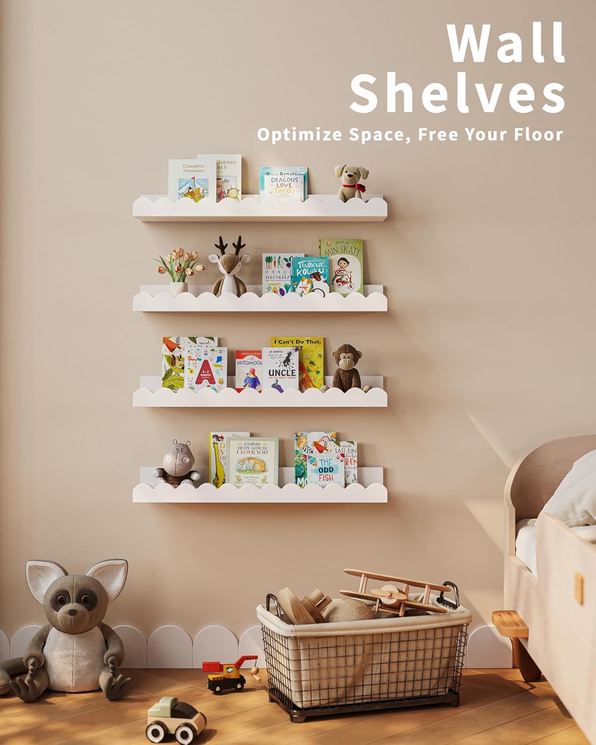 Shario Nursery Book Shelves, 4-Pack White Floating Shelves for Wall Ki