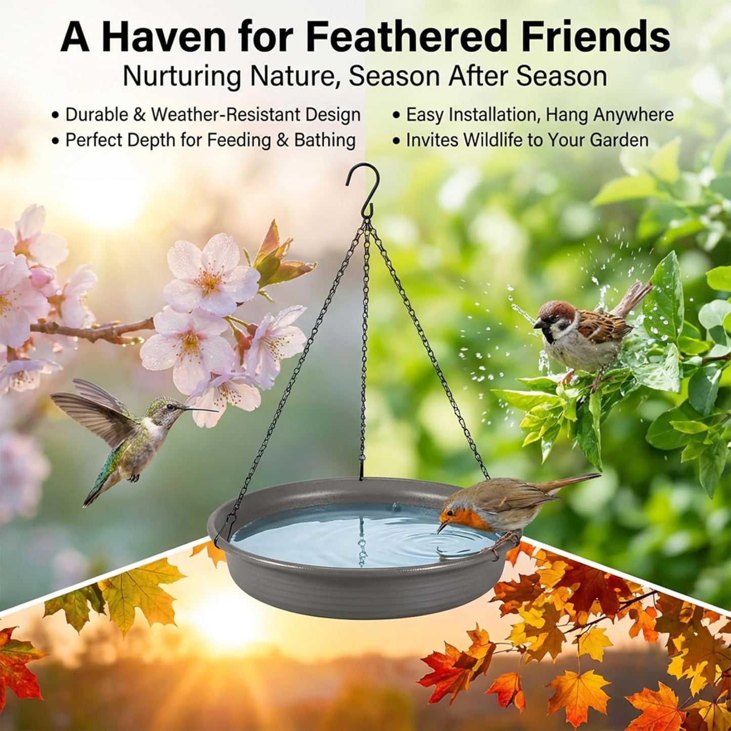 Hanging Bird Bath Bird Feeder - Bird Bath for Outside Outdoors Hanging with Tray Bowl Water Feeder, Garden Bird Bath 2-in-1 Bird Feeder Bath, Durable PP Bird Bath Bowl for Garden Patio Backyard Decor