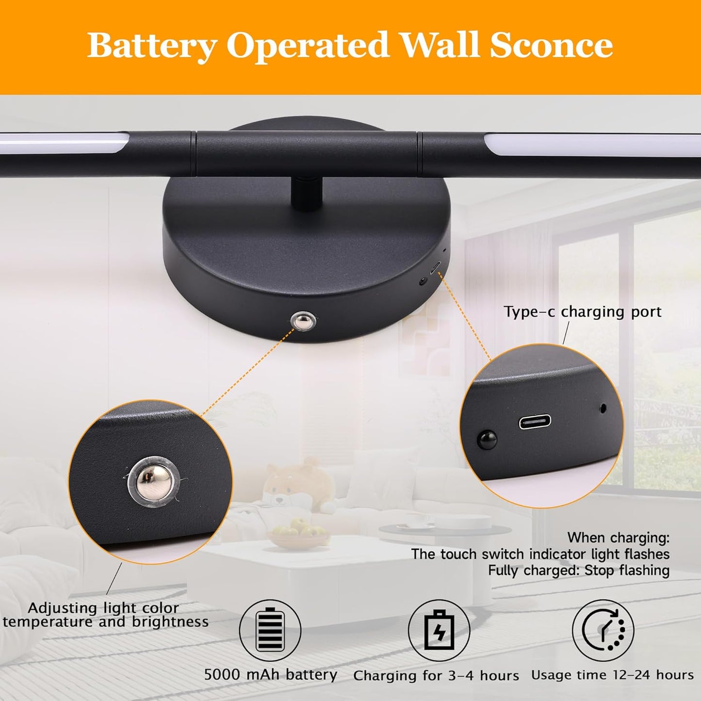 Black Battery Operated Wall Sconces Set of 2 360° Rotate Dimmable LED Wall Lamps 19.6 Inch Wireless Rechargeable Wall Lights with Remote Control