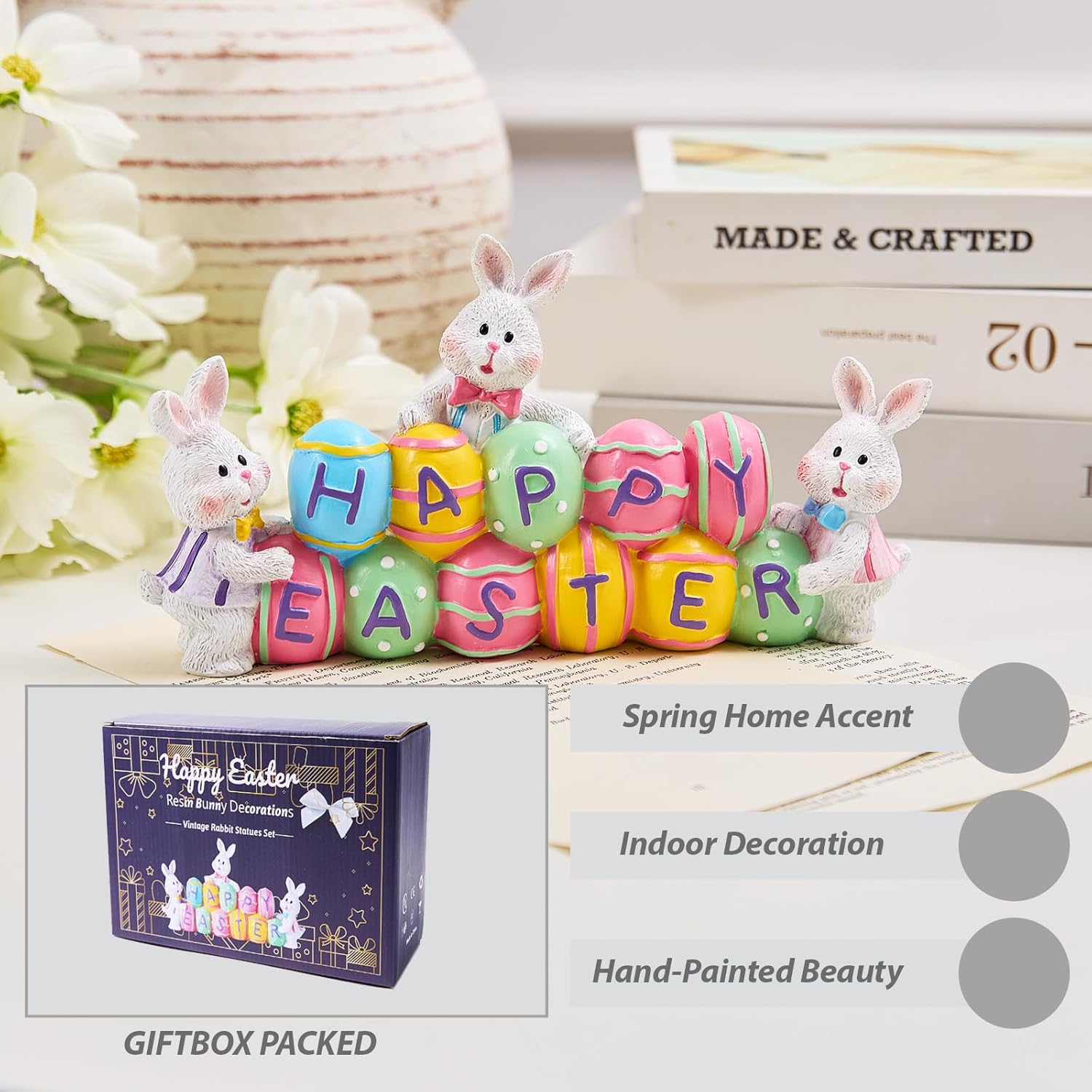3 Bunny Holding Eggs and Happy Easter Decorations, Resin Easter Bunny 