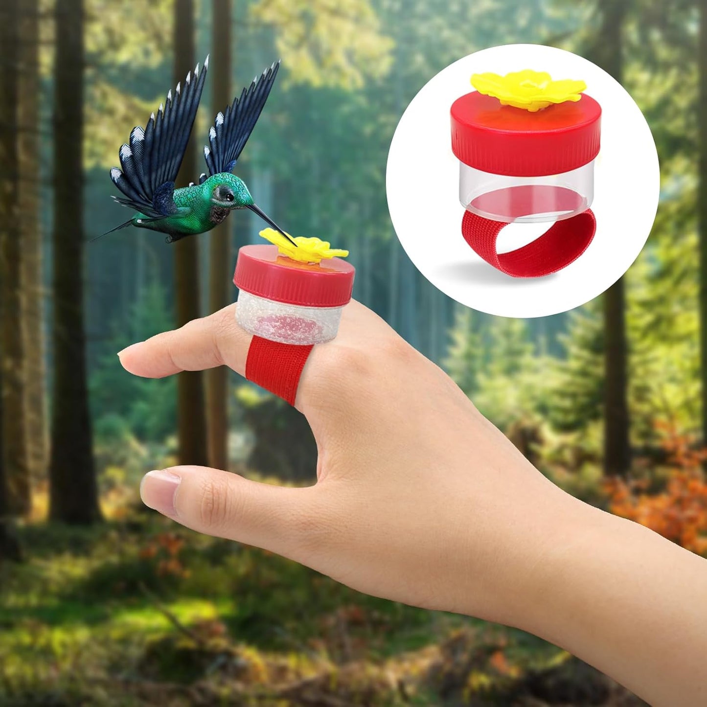 4 PCS Hummingbird Ring Feeder, Hand Hold Hummingbird Feeder with 2 Cleaning Brush and Stretchy Finger Ring Strap Mini Hand Feeding Tools for Outdoors (2 Red+2 Yellow)